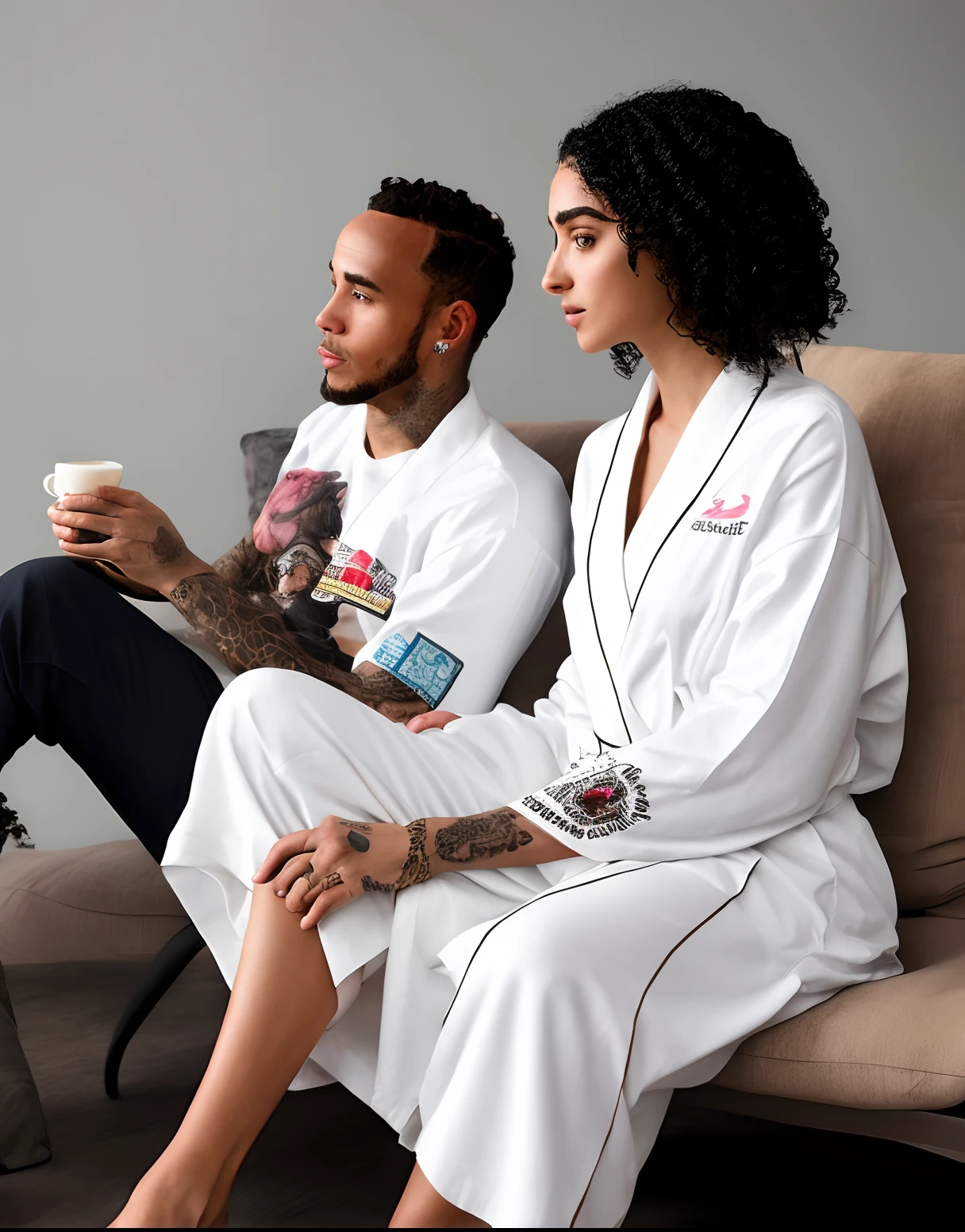 crie imagem de Imaan Hammam e Lewis Hamilton assistindo Barbie em uma sala escura, Sitting on a white sofa. Imaan Hammam has long straight black hair with thin bangs on the side, pele parda bronzeada e texturizada, modelo, usando um conjunto de renda branca e esta segurando uma caneca de coelhinho branca. Lewis Hamilton, pele bronzeada texturizada, braided hair, tattoos on arms, Chest and neck, She's in a white bathrobe holding a green bowl of popcorn. Alta qualidade, Noite, dynamic  lighting