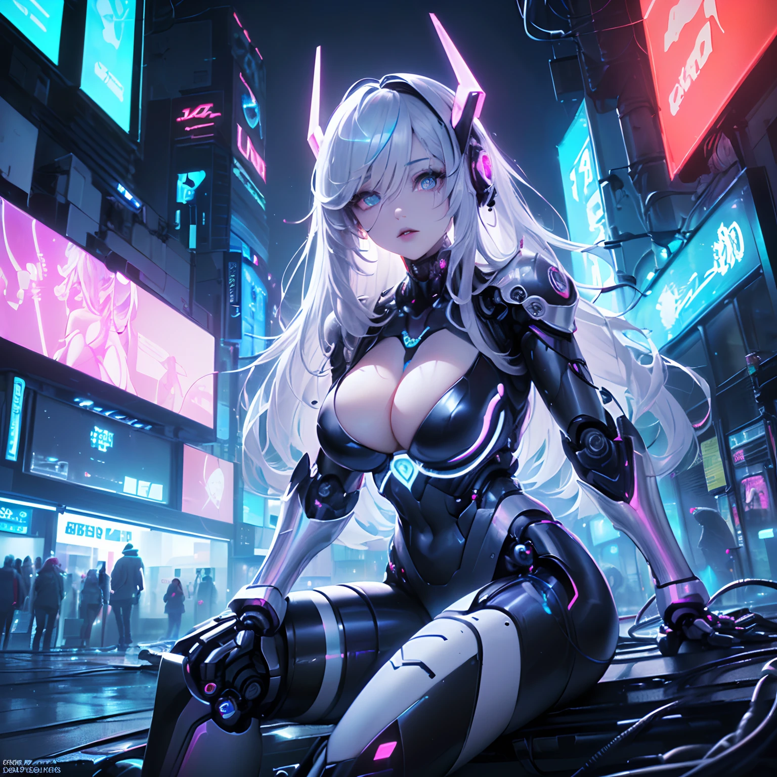 (((Of the highest quality)), (masterpiece), (detail:1.4), (((translucent mechanical robotic parts, black cyborg))), ((((solo)))), (((female focus))), ((woman made out of cyber parts)), ((skin of hips and thighs)), (((futuristic background))), many blue lights, (long white hair), (((Beautiful iridescent long hair))), (((blue Aurora Inner Hair))), Costume typography and numbering, ((grey and black eyes)), (((full lips))), detailed face, gorgeous eyes, iridescent body, standing, ((facing camera)), (((skin of the cleavage)), (glowing eyes), (in a futuristic city), ((skin of the forearms)), ((futuristic headgear)), ((in a city)), ((neon lights)), ((sitting)), ((wires attached to the character))