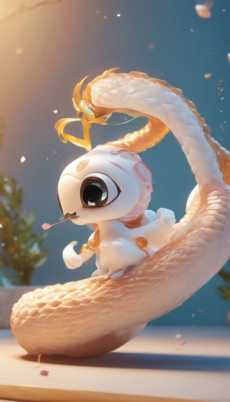 Pixar style super cute anthropomorphic white snake, Hanfu, Charming big eyes, Cute tail, standing, Surreal, Super fine, Luxurious, Graceful standing, Charming big eyes, Cute tail, standing, Surreal, Super detailed, Luxurious, elegant, complex, Gorgeous, illusory engine, Octane rendering, 8K, Frey surrealism