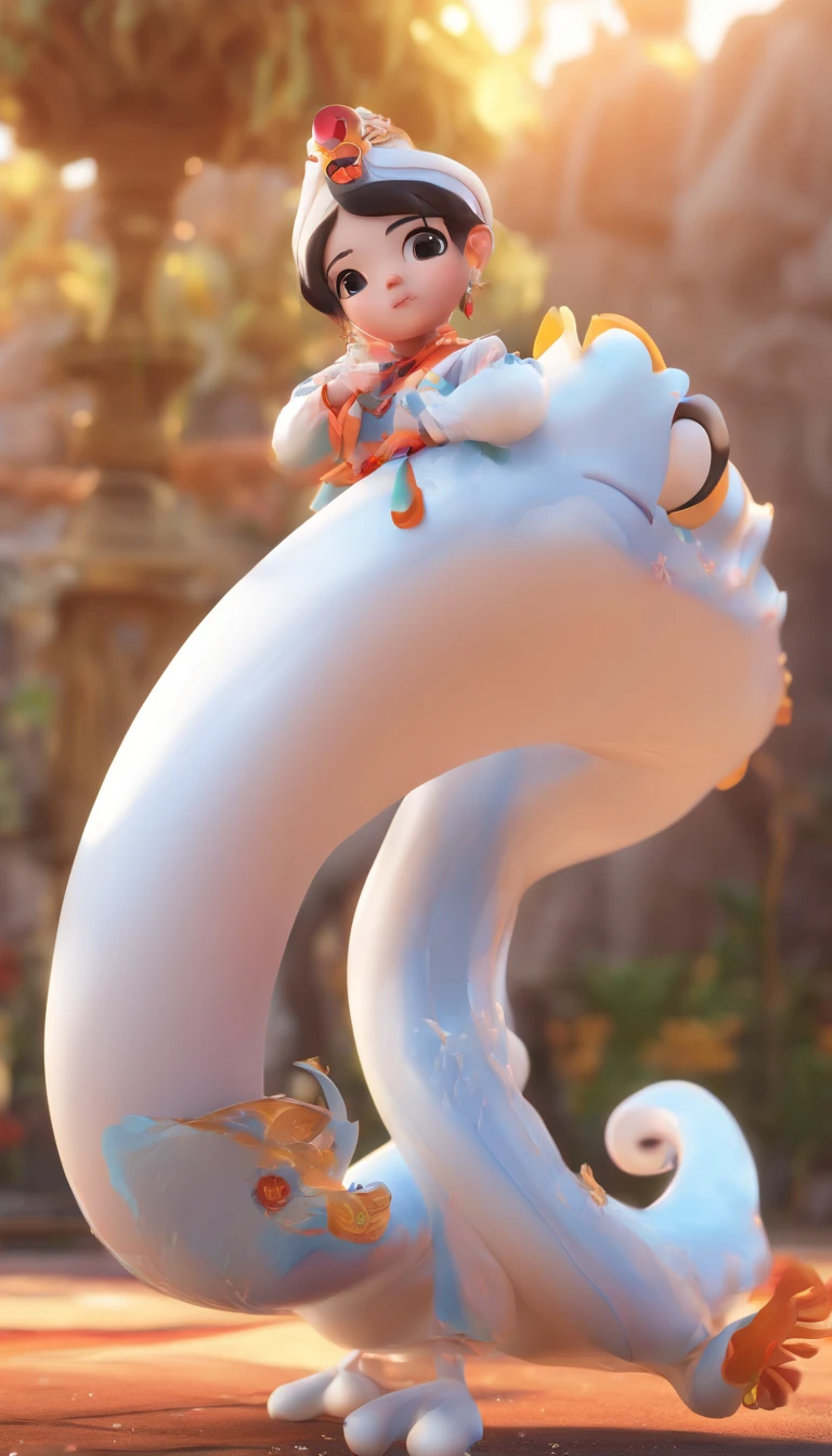 Pixar style super cute anthropomorphic white snake, Hanfu, Charming big eyes, Cute tail, standing, Surreal, Super fine, Luxurious, Graceful standing, Charming big eyes, Cute tail, standing, Surreal, Super detailed, Luxurious, elegant, complex, Gorgeous, illusory engine, Octane rendering, 8K, Frey surrealism