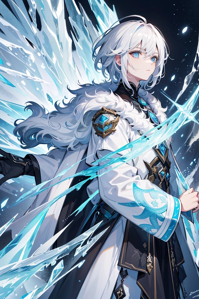 1.5, best quality, high quality, High definition, High quality texture, high detail, beautiful detailed, finely detailed, extremely detailed cg, detailed texture, 1man, boy, male, ((ice god)), cryo archon, genshin impact inspired, fur coat, white hair, short hair, icy eyes, ((DARK ROOM)), no obstructions