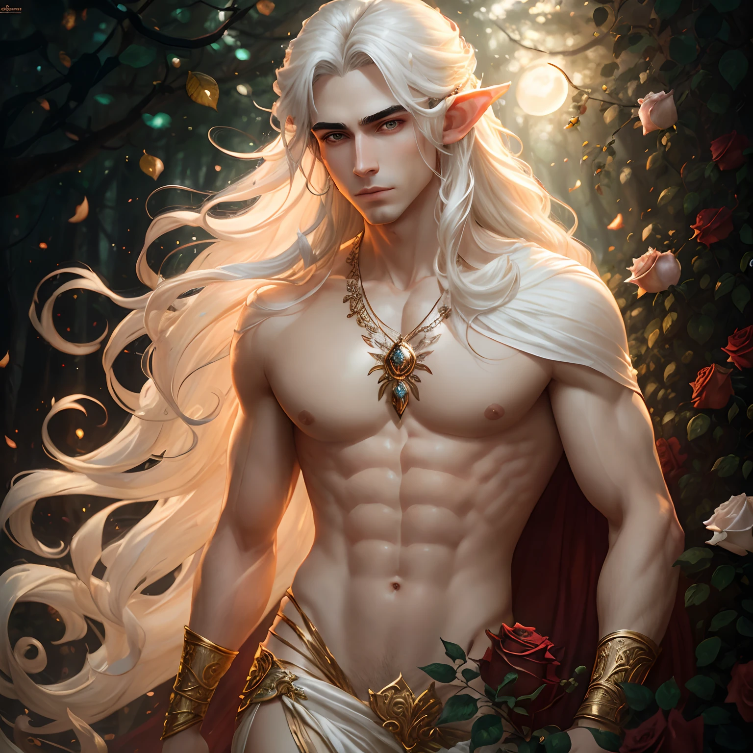 Male elf, masterpiece, highest quality, (solo focus), (perfect face:1.1), (high detail:1.1),dramatic, 1guy, (pale skin), long white hair, white eyes, [light eyebrows], solo, long hair, moon, night, black luxury g String, covered navel, pouty lips, covered, forest and roses, detailed background, art by artgerm and greg rutkowski, cinematic lighting, roses, fashion, BalenciagaStyle, bokeh, gradient sequined, gems
