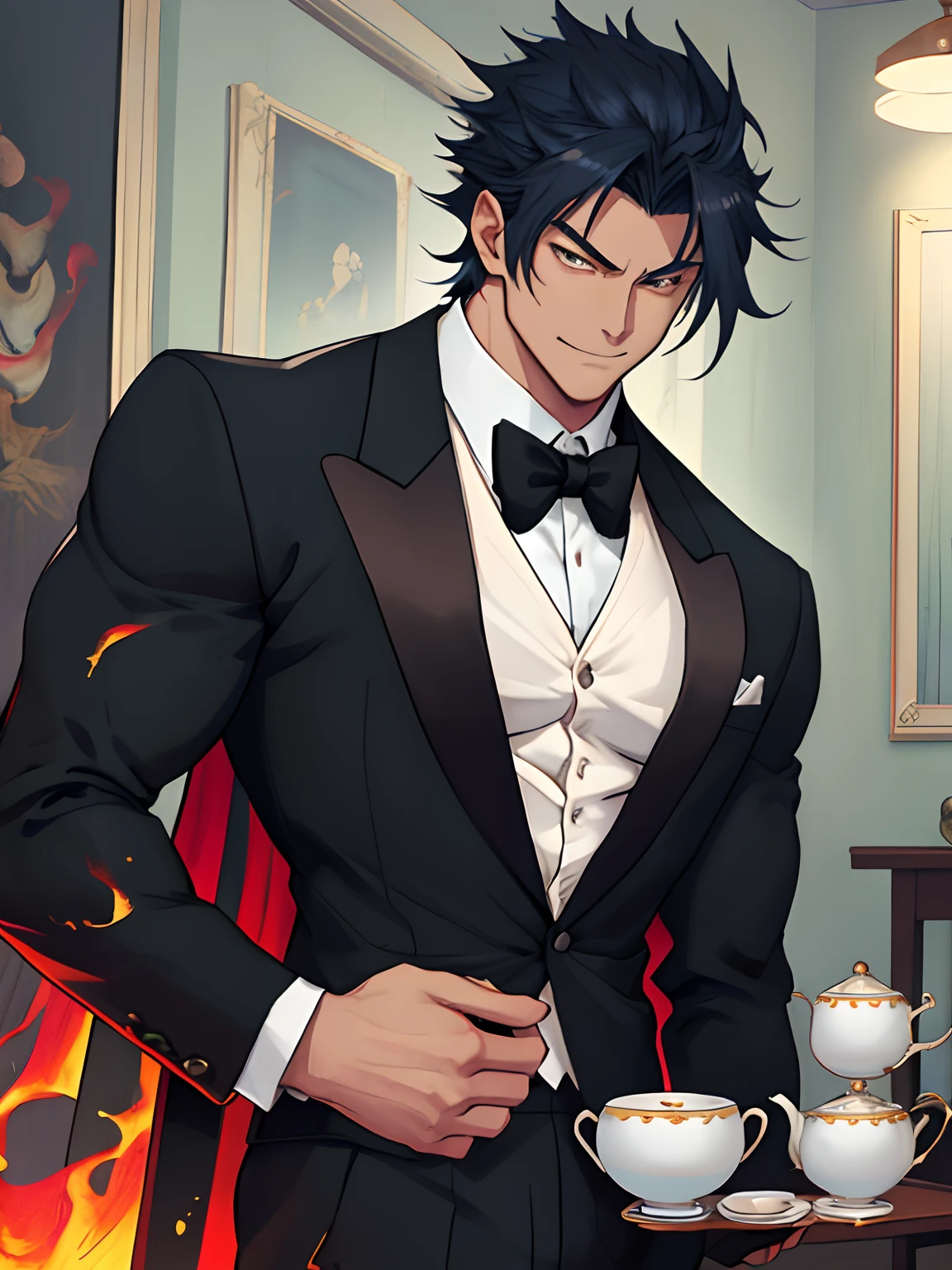 (anime style art,)extremely masculine muscular character,muscular,bodybuilder, huge bulge, sexy, smirk, erotic, 8 pack abs, tuxedo, tea servic e, tea cup,1boy,adult,solo, masterpiece, best quality,4k, Main, rainbow,, hair, cape,bare chest, suit pin?,  fashion, fire, water, magic, stud, boyish, cute, tuxedo, tea service, tea