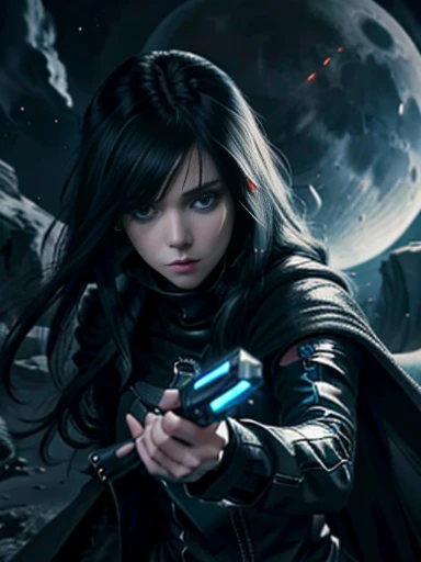 ((emo_hairstyle)), (((Jessica_Faulkner))), tronwear, pale skin, tight black cloak, pale blue eyes, aiming gun, long hair, straight hair, long bob, (((black hair))), white skin, pale, white, spaceship, gun, moon, leather turtleneck, Milky Way Galaxy, pointing at viewer, weapon, long bob hairstyle, swept bangs, (best quality, 8k, masterpiece:1.2, ultra-detailed, realistic, photorealistic)