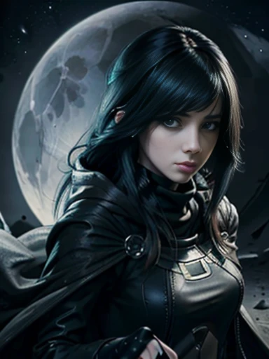 ((emo_hairstyle)), (((Jessica_Faulkner))), tronwear, pale skin, tight black cloak, pale blue eyes, aiming gun, long hair, straight hair, long bob, (((black hair))), white skin, pale, white, spaceship, gun, moon, leather turtleneck, Milky Way Galaxy, pointing at viewer, weapon, long bob hairstyle, swept bangs, (best quality, 8k, masterpiece:1.2, ultra-detailed, realistic, photorealistic)