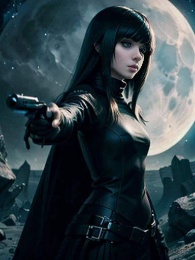 ((emo_hairstyle)), (((Jessica_Faulkner))), tronwear, pale skin, tight black cloak, pale blue eyes, aiming gun, long hair, straight hair, long bob, (((black hair))), white skin, pale, white, spaceship, gun, moon, leather turtleneck, Milky Way Galaxy, pointing at viewer, weapon, long bob hairstyle, swept bangs, (best quality, 8k, masterpiece:1.2, ultra-detailed, realistic, photorealistic)