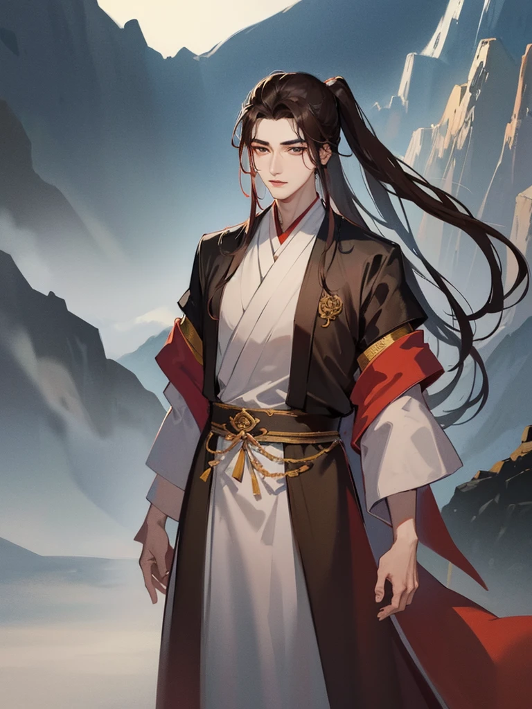 Close-up of a man in a robe and tie,Folding fan in hand，Brown hair long， Cai Xukun, Inspired by Zhang Han, xianxia hero, inspired by Wu Daozi, Inspired by Seki Dosheng, young wan angel, tian zi, drak, Xianxia, heise jinyao, Inspired by Zhao Yuan, Li Zixin, xintong chen，The background is the mountain，waterfallr，Eau，