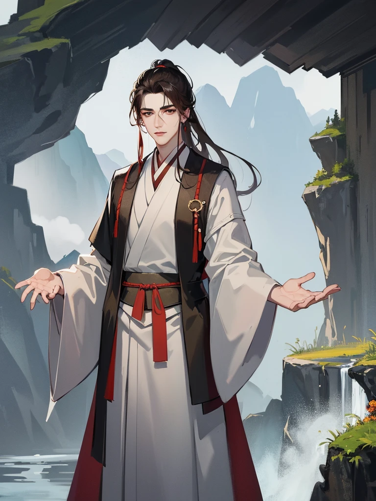 Close-up of a man in a robe and tie,Folding fan in hand，Brown hair long， Cai Xukun, Inspired by Zhang Han, xianxia hero, inspired by Wu Daozi, Inspired by Seki Dosheng, young wan angel, tian zi, drak, Xianxia, heise jinyao, Inspired by Zhao Yuan, Li Zixin, xintong chen，The background is the mountain，waterfallr，Eau，