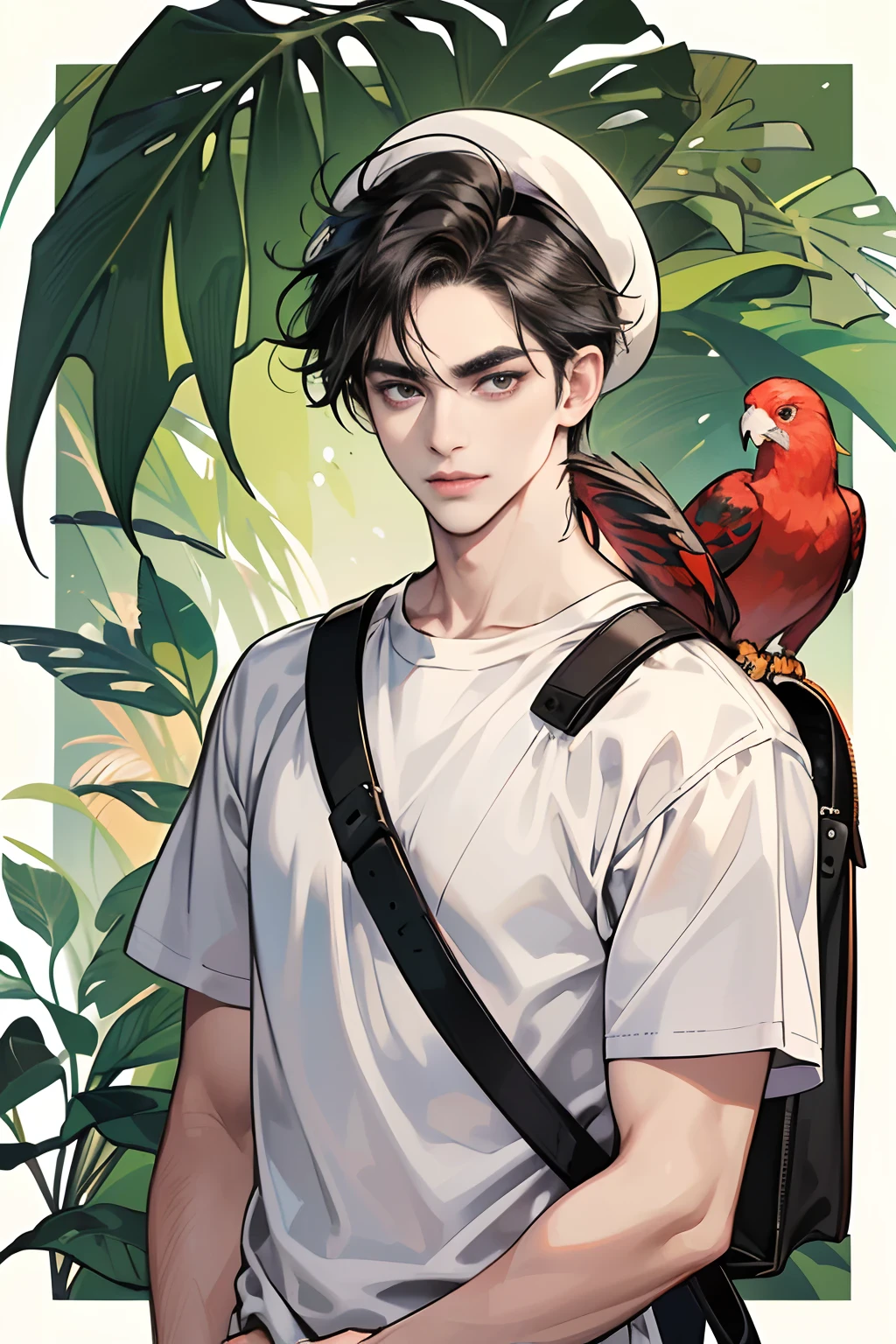(masutepiece, Digital Art, Digital Illustration, 4K, 8K, Ultra-detailed, beautiful image, Sharp Image, Photorealistic, Raw photo, Perfect face, Perfect lines, Perfect eyes, Soft lighting) 1 male human, (A dark-haired,hair between eye,hair messy,Medium Hair,deadpan,Lowered eyebrows,Parallel eyebrows,Narrow-eyed,drooing eyes,Calm face,Beauty,kindly smile,ember,28 years old:1.3),Handsome men, (ember,Man in a simple white t-shirt,Loose-fitting round neck shirt,Thin macho,Firm shoulder width,Adult male:1.2),Loose-fitting skinny denim,Oversized hoodies,Sleepy face,Frantically opening your eyes,Troubled face,thick jaw,Goofy face,espadrilles,Boy Scout,Hats,backpack,jungles,Surveying Expedition Uniform,Red Parakeet,Lush tropical vegetation,serpent,the Lion,beast of prey