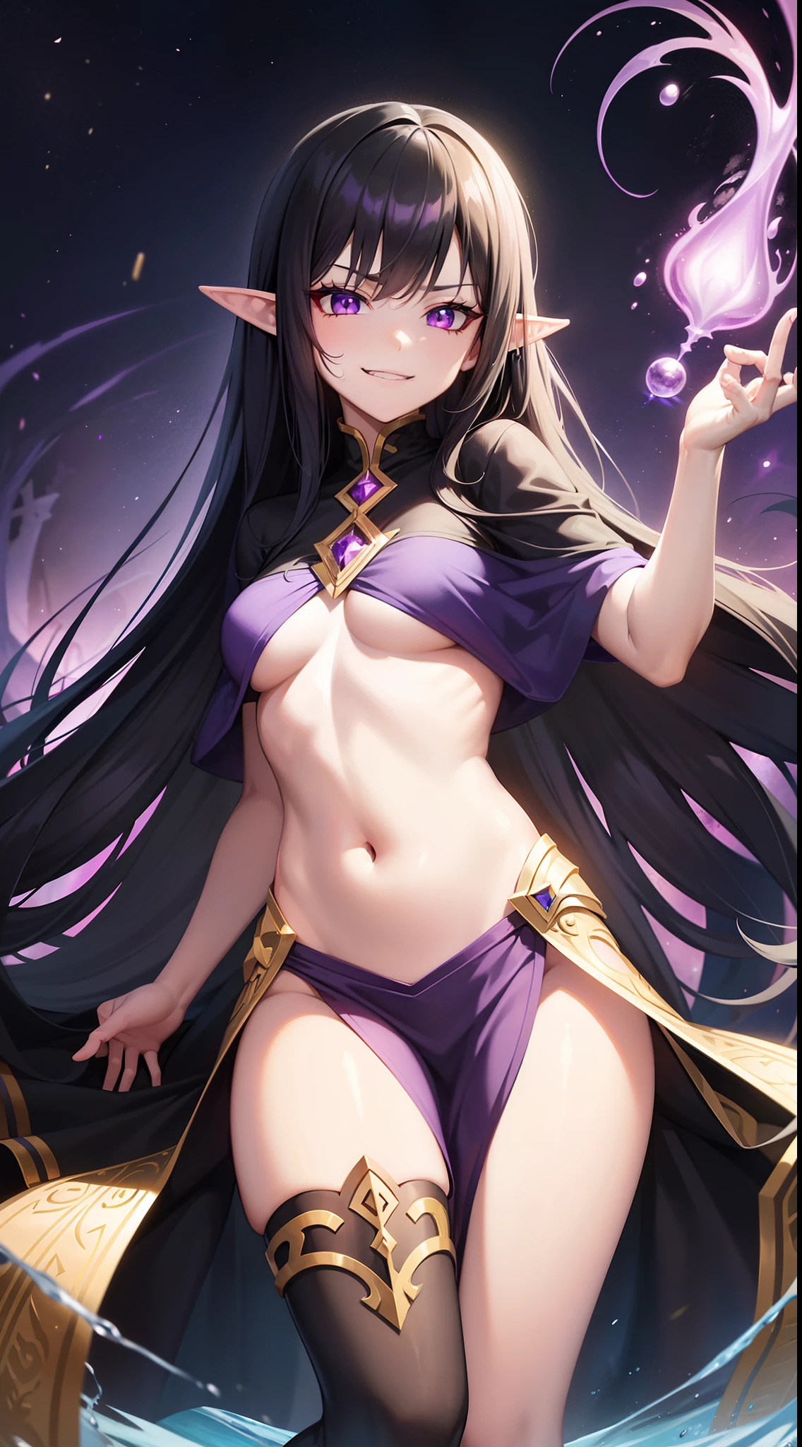 young girl, Long black hair, violet eyes, elf ears, smirk, Purple Sorcerer Form, Gold Elements, water magic, Masterpiece, hiquality, 4k, HD, Good detail