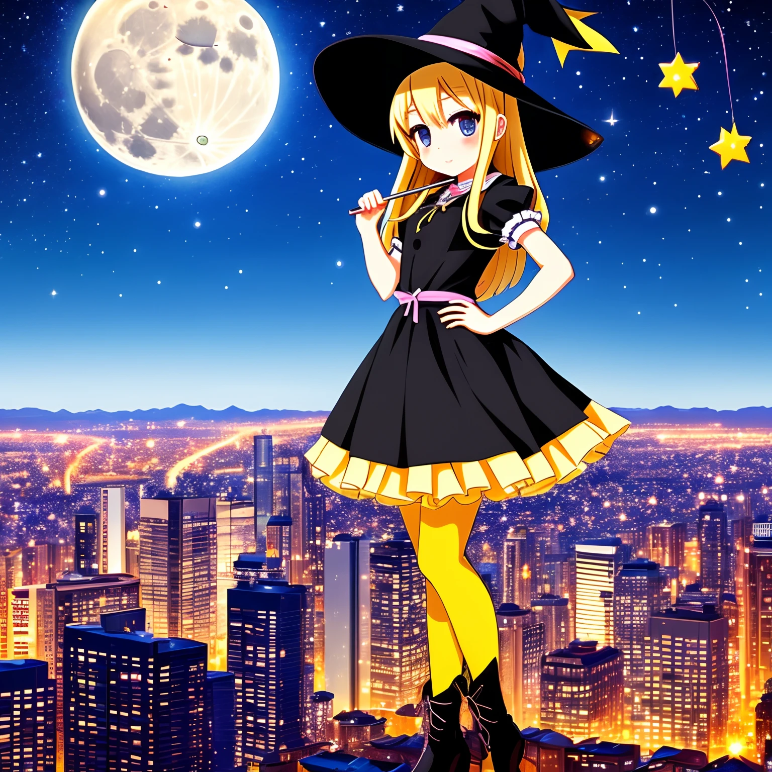 A cute 15 years old japaneese magical girl, drawn in anime style, fantastic, bishojo, jade green eyes, very long yellow hair, small breast, witch hat, a cute blue magical dress with puffy sleeves and star pattern, ribbons, striped black and white pantyhose, silver bracelet, high hell boots, holding a magic wand, standing on top of a skyscraper, big city on horizon, full moon in the starry sky, masterpiece, highly detailed, 4K.