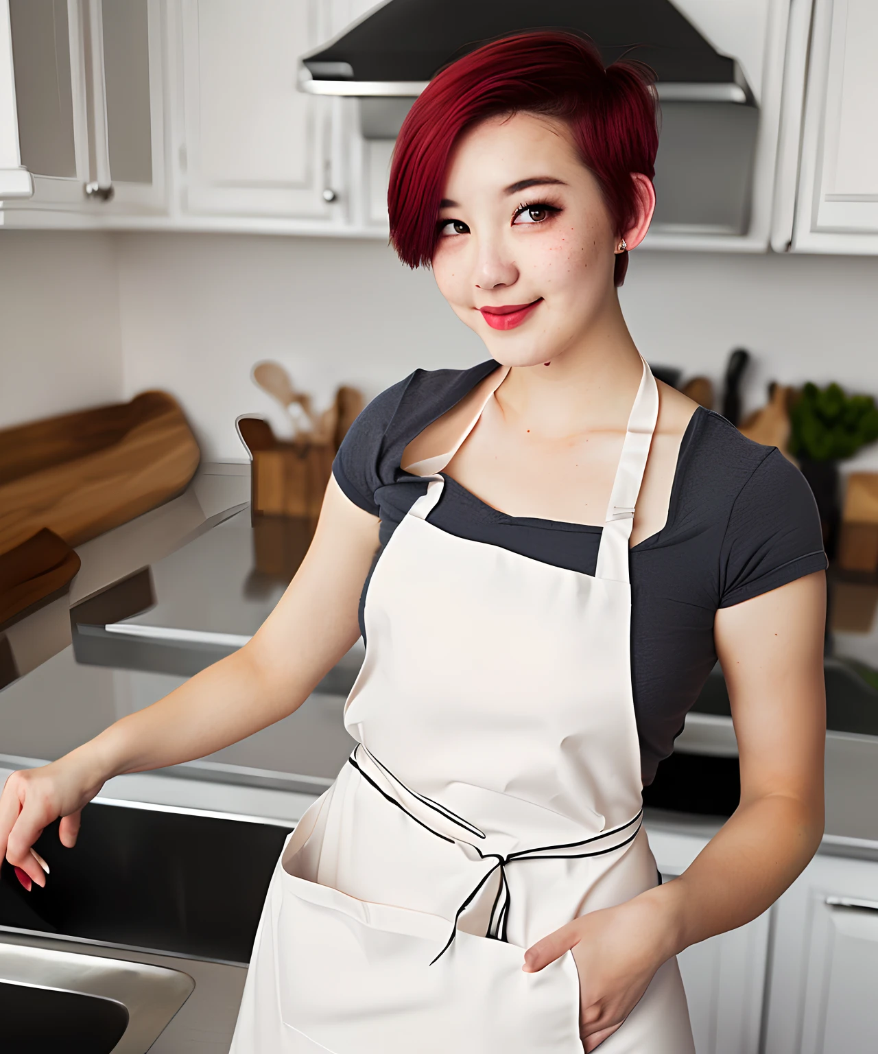 a closeup portrait of a playful maid, undercut hair, natural, apron, amazing body, pronounced feminine feature, kitchen, [ash blonde | ginger | pink hair], freckles, flirting with camera