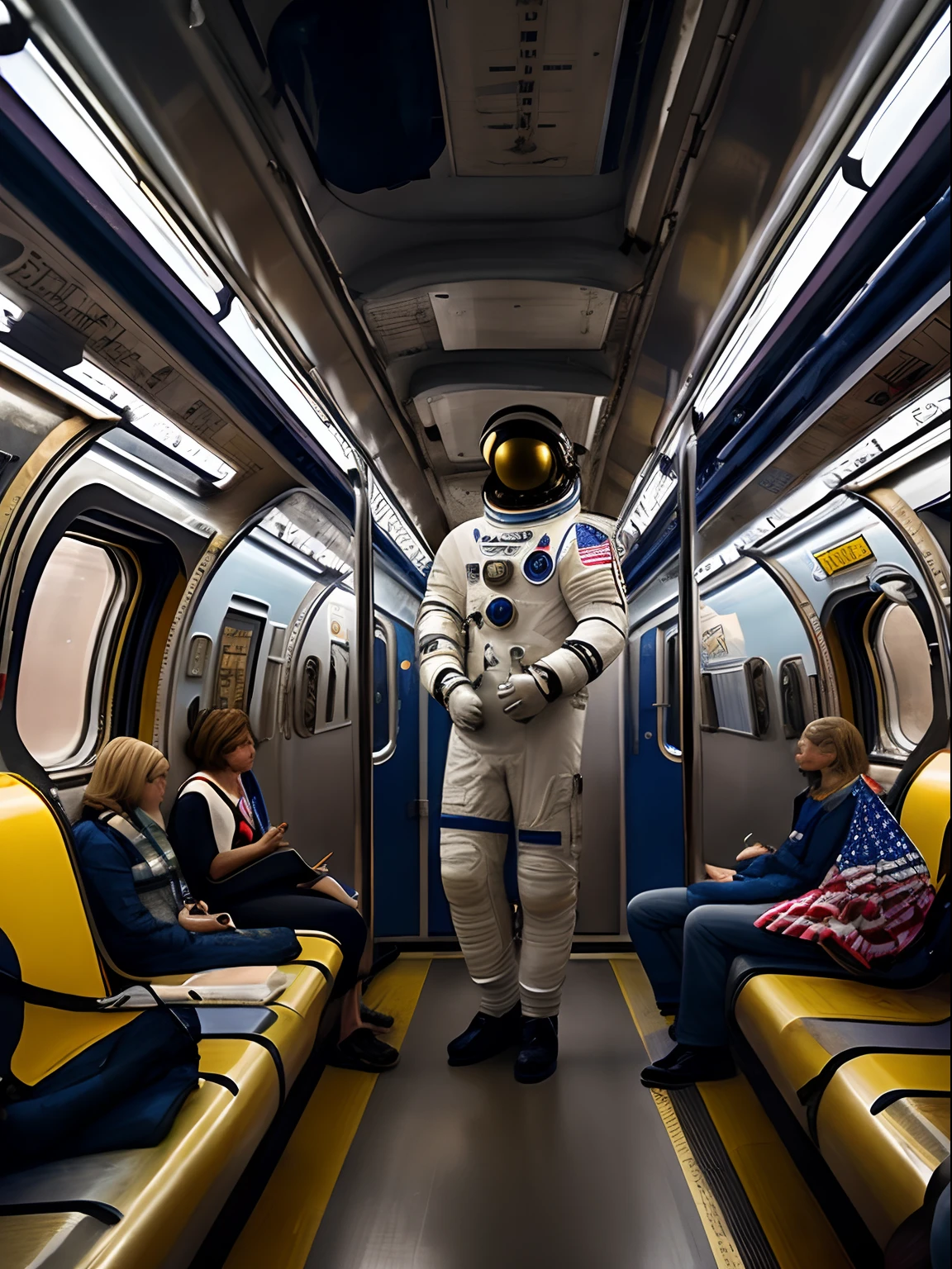 (Masterpiece) a photorealistic image of an astronaut asleep in a New York subway car