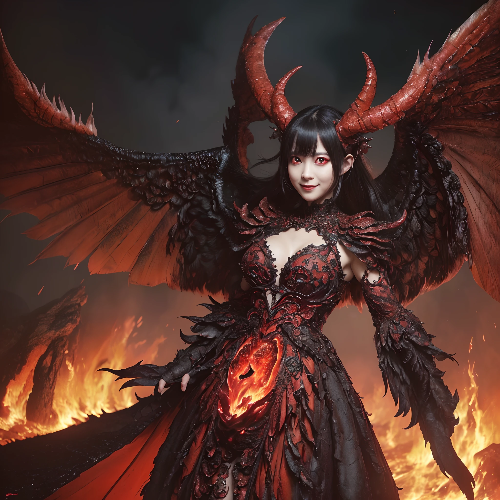 (((masutepiece、top-quality)))、((((eyes glowing red,Glowing red eyes,Glowing red eyes))))、((A very terrifying demon queen,Beautuful Women、female pervert、The human、Final form as a complete demon,The Devil's Masterpiece,demon king,The most dignified demon,Intricate and solemn dresses,Complex and majestic demon statue,The most majestic form of the devil,The most complex depictions of demons,Accurate reproduction of perfect demonic details)),Pregnant,Most beautiful face,((Huge and intricate demon wings,Wings with a very elaborate texture,Wings with a very complex texture,Creature wings with a very realistic texture,Wings with the most exquisite texture、Perfectly reproduces the texture of creepy feathers、beautiful smiling face、A smile、A large amount of lava flows in the background,Lava flowing in large quantities,The background is intricate and detailed volcanic lava, Lava erupts violently,Lava splashes,Glowing lava,Sea of lava,lava river,Lava flowing out in large quantities,Stand in the crater of a volcano,Realistic and complex lava, Very flaky and detailed wing texture、Wings of a terrifying monster,Terrible and ugly wings、The most terrifying wings、Wings with unimaginably complex textures、The most terrifying and creepy wings、Lumpy devil's horns、Corners of the most complex textures、Photorealistic Devil's Wings、Photorealistic Devil's Horns、The most terrifying devil's wings、Unimaginably terrifying wings、,Very complex and terrifying demon horns、Creepy horns,Horn with a very elaborate texture、Terrible and ugly horns、The most luxurious and intricate dresses,The biggest smile staring at the camera,,Chest that seems to burst,Giant wings of the devil,masutepiece,8K,very intricate,ultra-detailliert