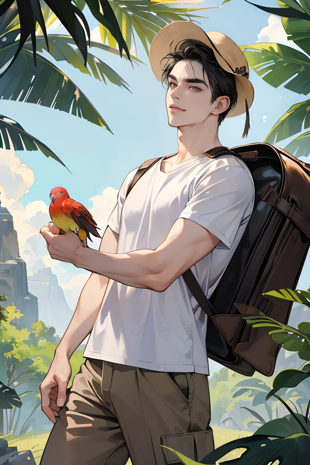 (masutepiece, Digital Art, Digital Illustration, 4K, 8K, Ultra-detailed, beautiful image, Sharp Image, Photorealistic, Raw photo, Perfect face, Perfect lines, Perfect eyes, Soft lighting) 1 male human, (A dark-haired,hair between eye,hair messy,Medium Hair,deadpan,Lowered eyebrows,Parallel eyebrows,Narrow-eyed,drooing eyes,Calm face,Beauty,kindly smile,ember,28 years old:1.3),Handsome men, (ember,Man in a simple white t-shirt,Loose-fitting round neck shirt,Thin macho,Firm shoulder width,Adult male:1.2),Loose-fitting skinny denim,Oversized hoodies,Sleepy face,Frantically opening your eyes,Troubled face,thick jaw,Goofy face,espadrilles,Boy Scout,Hats,backpack,jungles,Surveying Expedition Uniform,Red Parakeet,Lush tropical plants,serpent,the Lion,Surrounded by beasts of prey