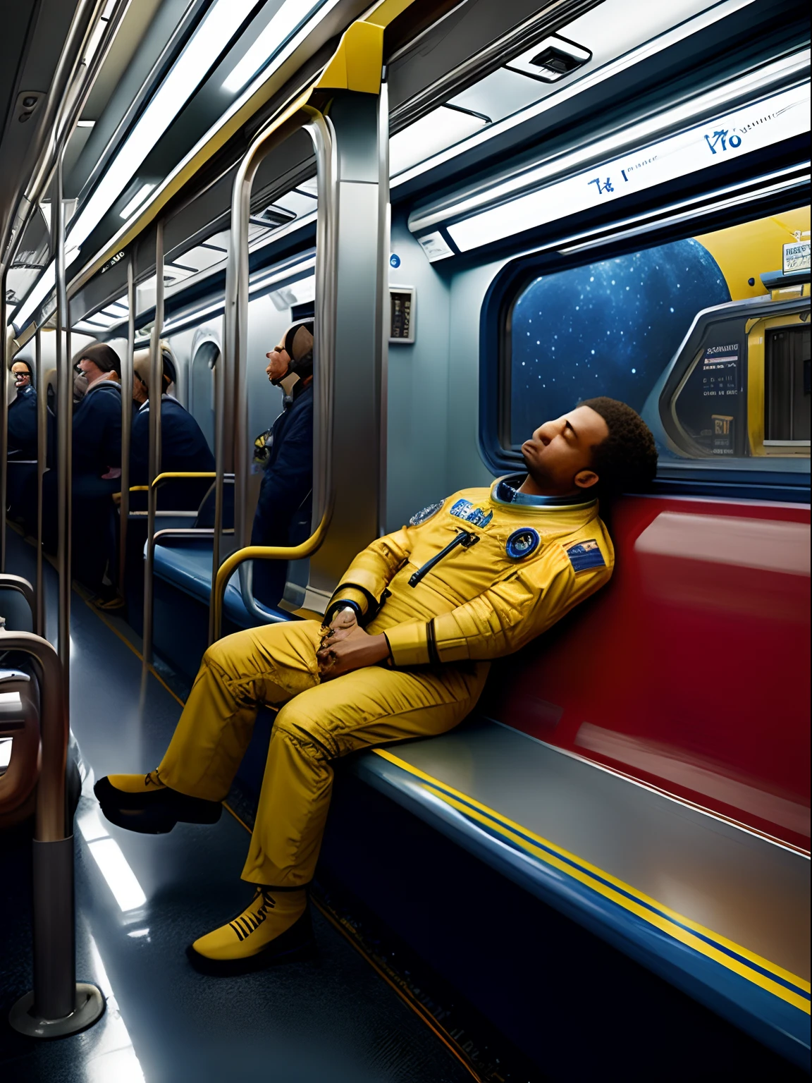 (Masterpiece) a photorealistic image of an astronaut asleep in a New York subway car