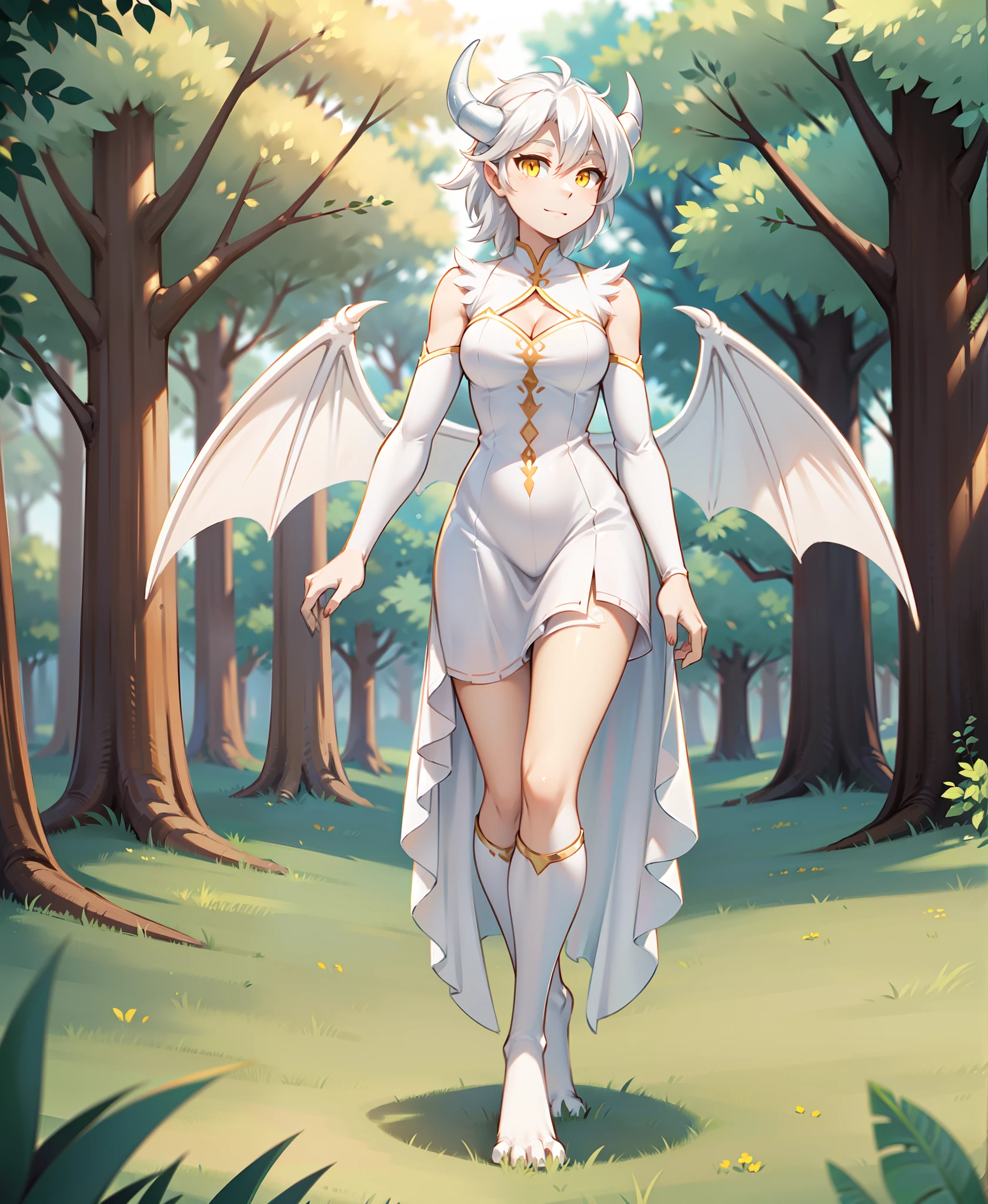 human-nora, twokinds, by tom_fischbach,, (best quality, masterpiece:1), full body ,solo, female human, yellow eyes, white hair, portrait, looking at viewer, horns, scalie, dragon wings, dragon tail, dragon humanoid, (outdoors dark forest trees blurry blurred background:1.1),