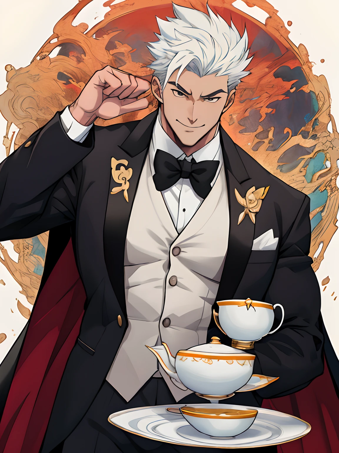 (anime style art,)extremely masculine muscular character,muscular,bodybuilder, huge bulge, sexy, smirk, erotic, 8 pack abs, tuxedo, tea servic e, tea cup,1boy,adult,solo, masterpiece, best quality,4k, Main, rainbow,, hair, cape,bare chest, suit pin?,  fashion, fire, water, magic, stud, boyish, cute, tuxedo, tea service, tea