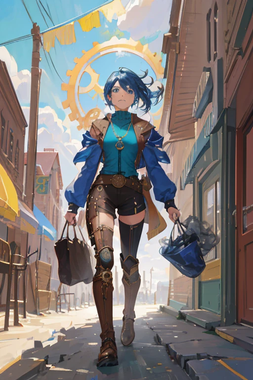 Arte em cores estilo Alex Horley, General Athletic Lined Woman Steampunk, trajando farda Azul, Dynamic shouting orders, Steampunk war scenario, Ultra HD images definition 3840x2160.