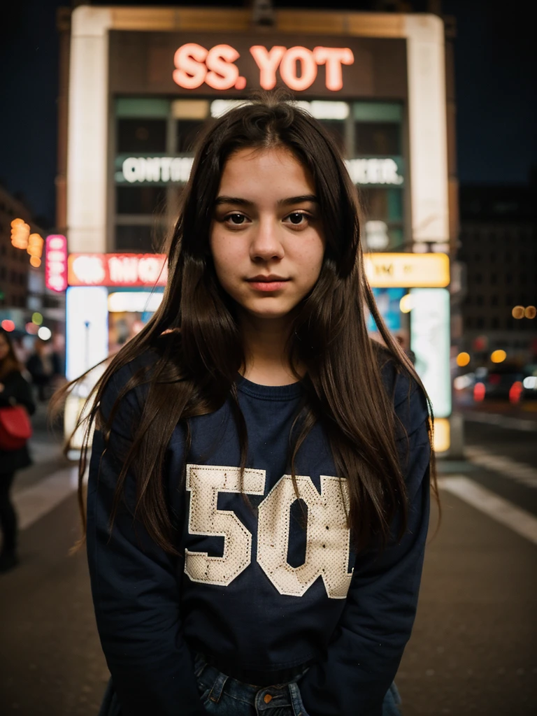 random cinematic portrait cute 18 years old girl straight hair, night in New York