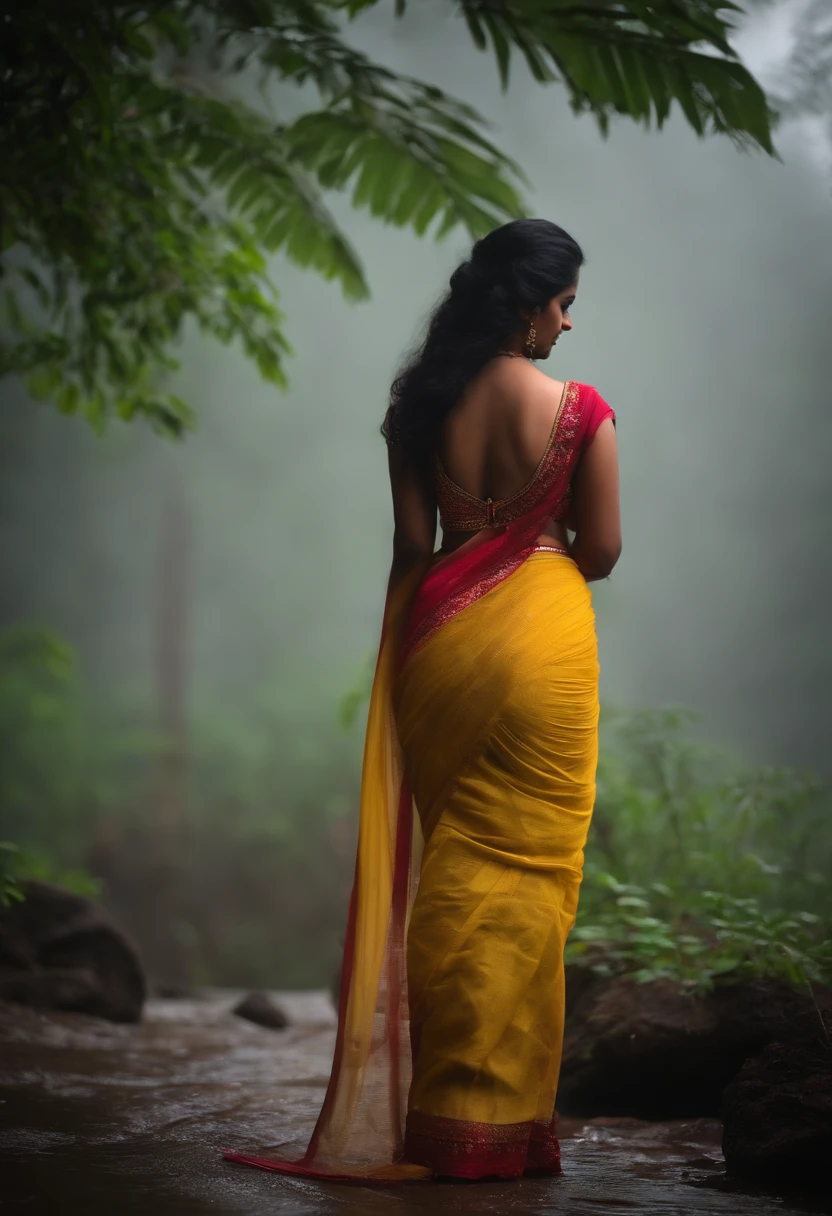 back side photo without face . very Long focus. Far away kerala big boobed , curvy girl in hot saree standing in heavy rain and fog in forest -big ass. Long view sexy view. giving back pose without face. semi . Big ass - 8K quality - realistic