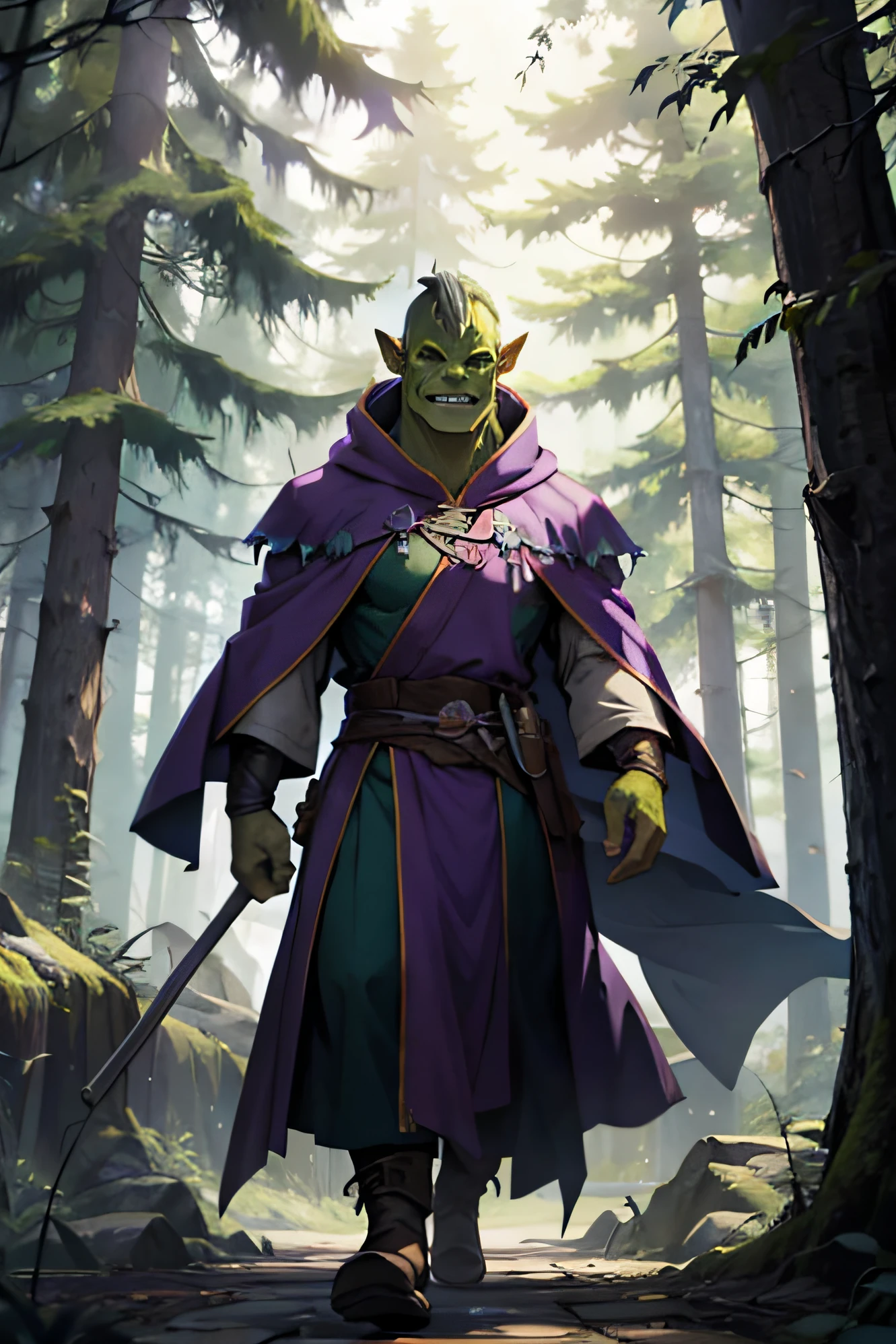 a green orc, wearing purple mage robe, forest