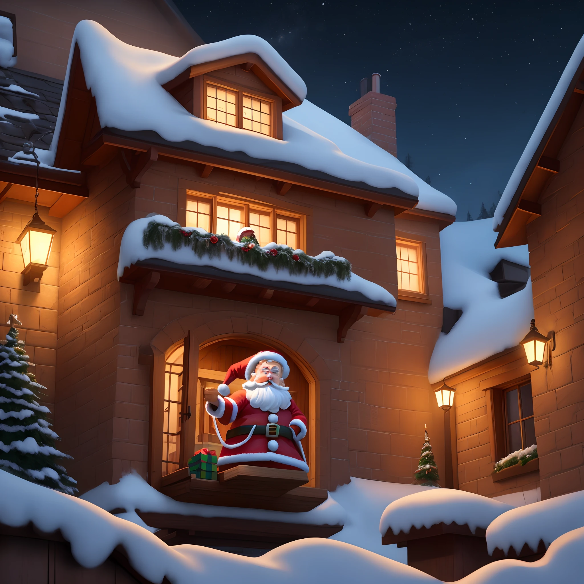 Create a Disney Pixar-style image of a Santa Claus on top of a red hinged platform placing presents in a chimney of a house at night.