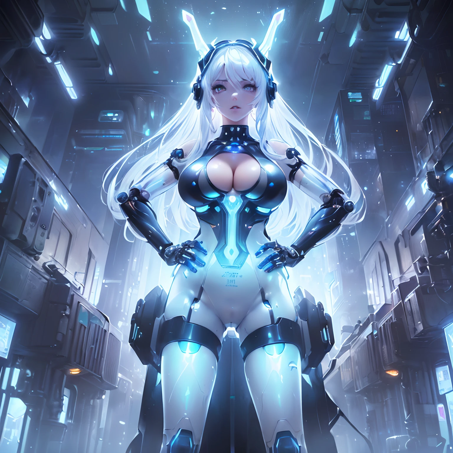 (((Of the highest quality)), (masterpiece), (detail:1.4), (((translucent mechanical robotic parts, black cyborg))), ((((solo)))), (((female focus))), ((woman made out of cyber parts)), ((skin of hips and thighs)), (((futuristic background))), many blue lights, (long white hair), (((Beautiful iridescent long hair))), (((blue Aurora Inner Hair))), Costume typography and numbering, ((grey and black eyes)), (((full lips))), detailed face, gorgeous eyes, iridescent body, standing, ((facing camera)), (((skin of the cleavage)), (glowing eyes), (in a futuristic city), (((wearing a futuristic white one piece)), ((futuristic headgear)), ((((hands on hips))))