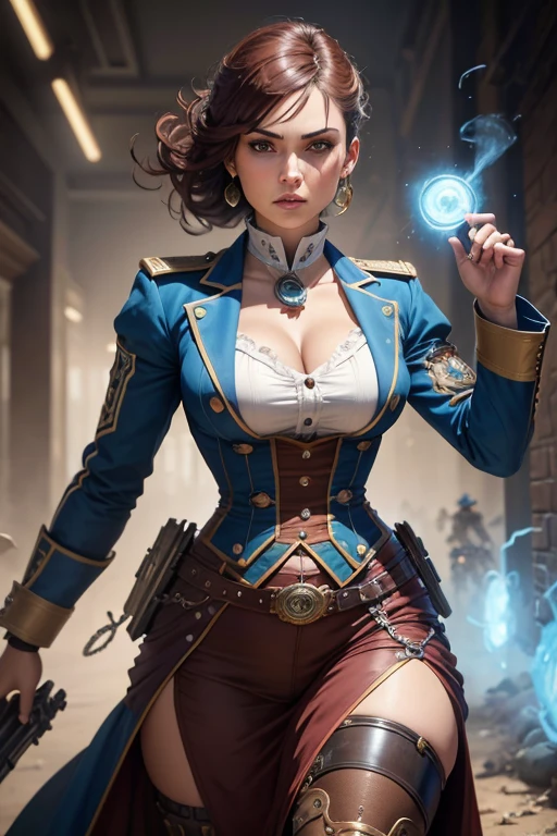 Arte em cores estilo Alex Horley, General Athletic Lined Woman Steampunk, trajando farda Azul, Dynamic shouting orders, Steampunk war scenario, Ultra HD images definition 3840x2160.