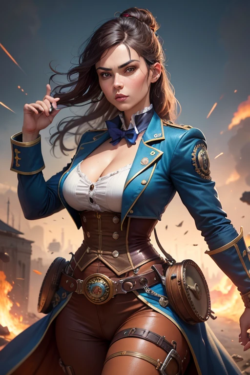 Arte em cores estilo Alex Horley, General Athletic Lined Woman Steampunk, trajando farda Azul, Dynamic shouting orders, Steampunk war scenario, Ultra HD images definition 3840x2160.