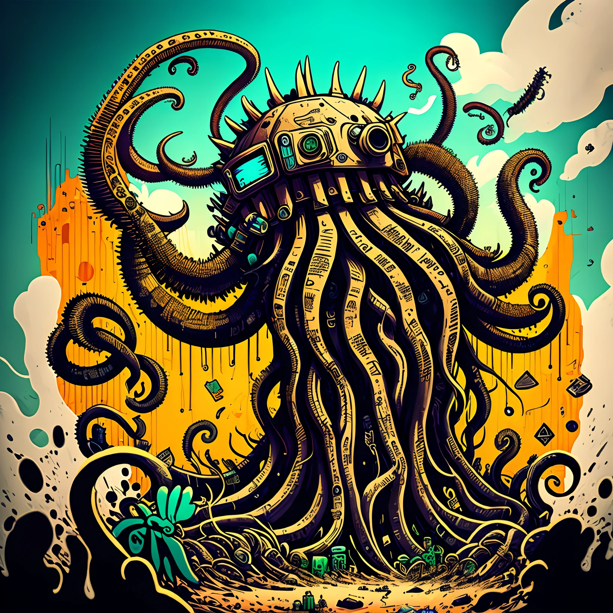 Cyberpunk kraken holding 8 different technologies in a graffiti style art