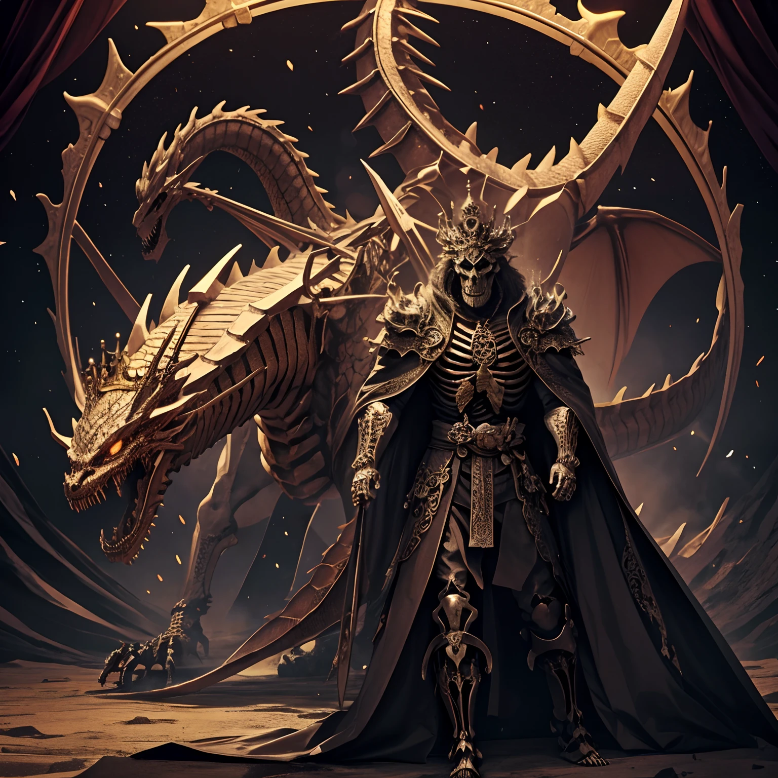 Skeleton dragon with a king facing the dragon