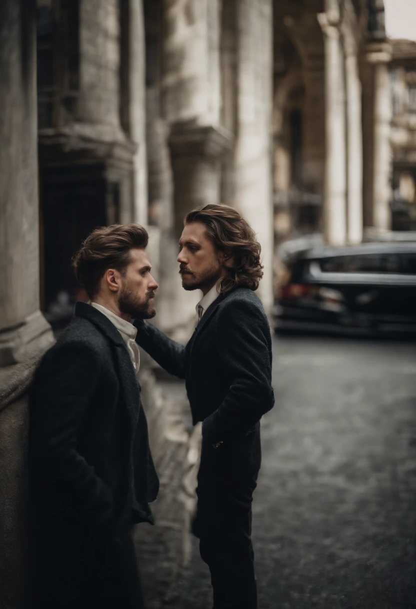 two beautiful men kissing each other, photography, realistic, extremely detailed