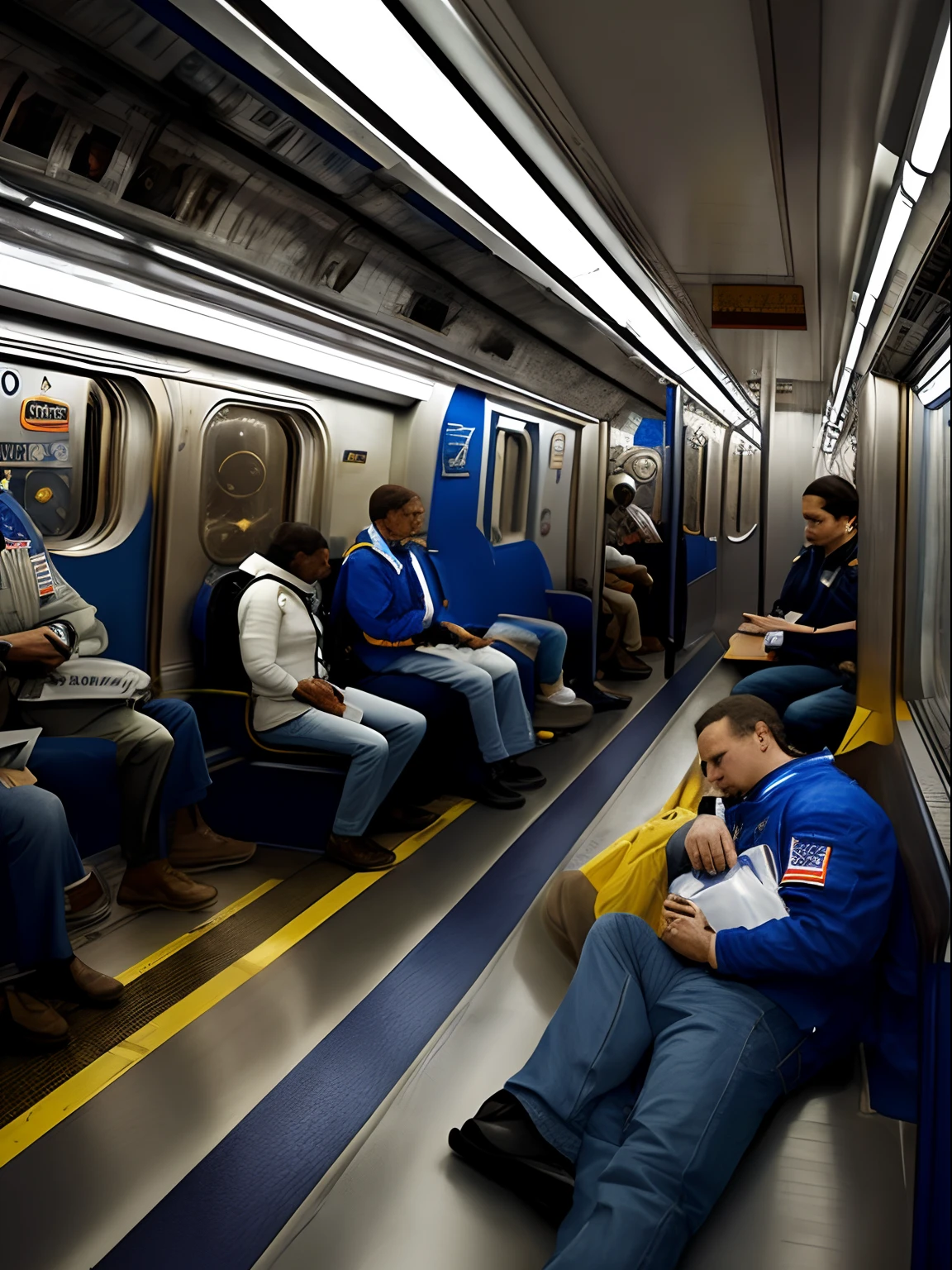 (Masterpiece) a photorealistic image of an astronaut asleep in a New York subway car