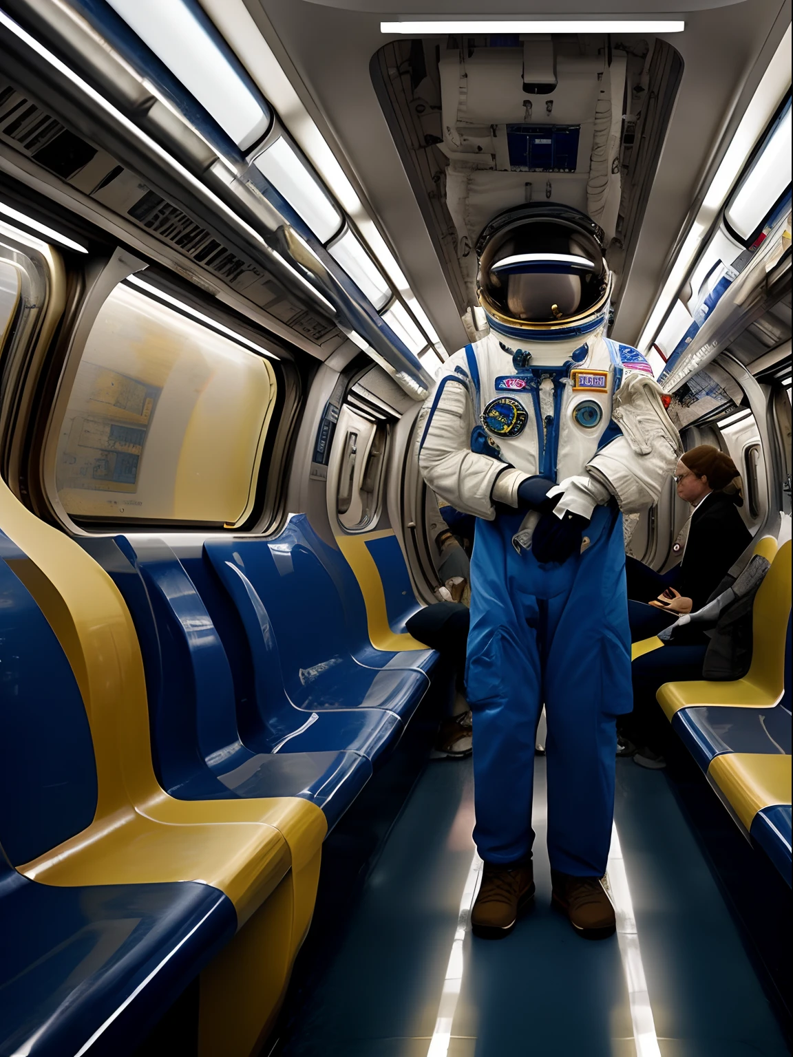 (Masterpiece) a photorealistic image of an astronaut asleep in a New York subway car