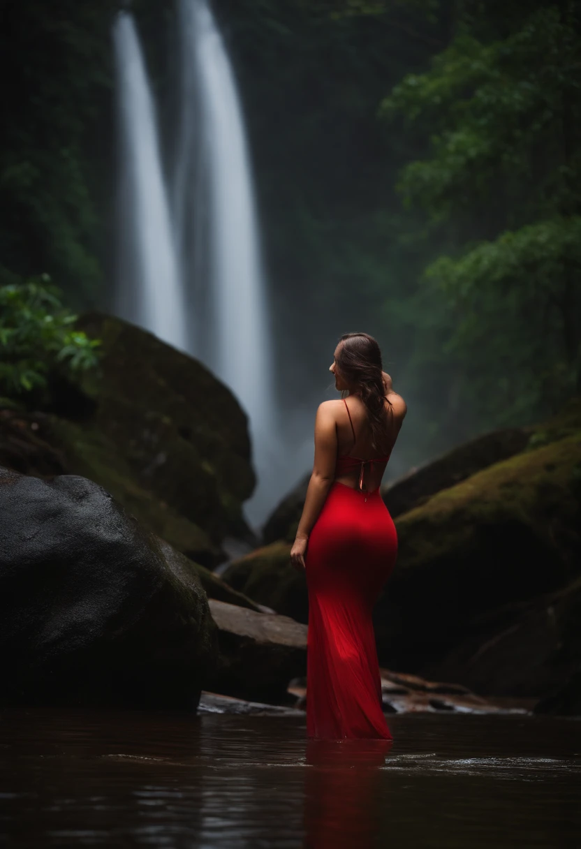 back side photo without face  and under the waterfall wet. very Long focus. Far away kerala big boobed , curvy girl  standing in heavy rain and fog in forest under waterfall -big ass, wet body. Long view sexy view. giving back pose without face. semi . Big ass - 8K quality - realistic