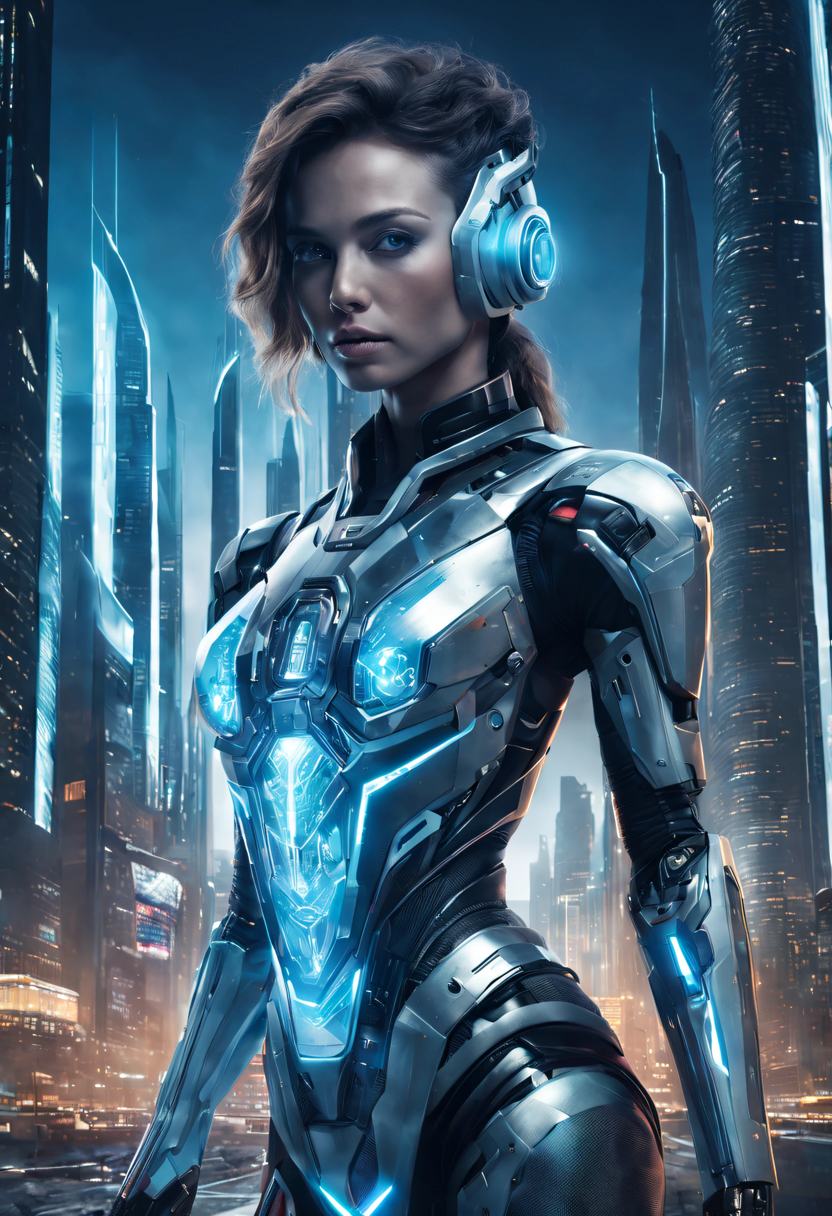 The magazine cover should feature a Caucasia cyborg character seamlessly integrated into a cutting-edge, futuristic cityscape. Use a holographic overlay effect to make the character and city glow with a surreal and modern allure. Incorporate augmented reality elements that readers can interact with using their smartphones to access additional digital content.