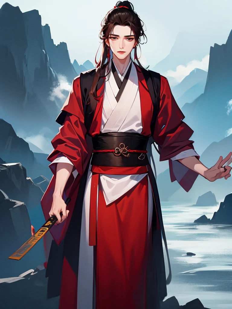 Close-up of a man in a robe and tie,Folding fan in hand，Brown hair long， Cai Xukun, Inspired by Zhang Han, xianxia hero, inspired by Wu Daozi, Inspired by Seki Dosheng, young wan angel, tian zi, drak, Xianxia, heise jinyao, Inspired by Zhao Yuan, Li Zixin, xintong chen，The background is the mountain，waterfallr，Eau，
