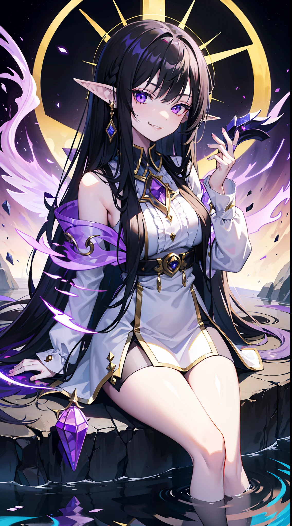 young girl, Long black hair, violet eyes, elf ears, smirk, Purple Sorcerer Form, Gold Elements, water magic, Masterpiece, hiquality, 4k, HD, Good detail