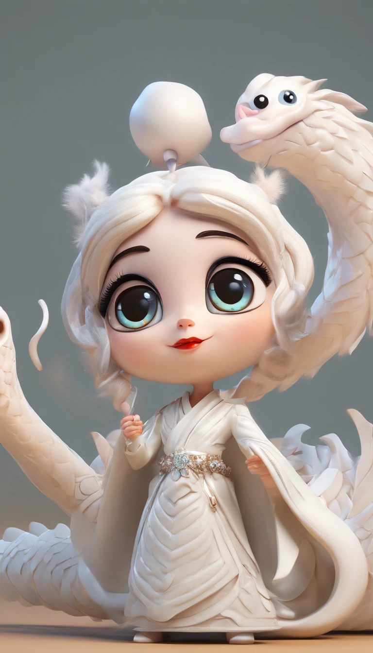 Pixar style super cute anthropomorphic white snake, woman,Hanfu, Charming big eyes, Cute tail, standing, Surreal, Super fine, Luxurious, Graceful standing, Charming big eyes, Cute tail, standing, Surreal, Super detailed, Luxurious, elegant, complex, Gorgeous, illusory engine, Octane rendering, 8K, Frey surrealism