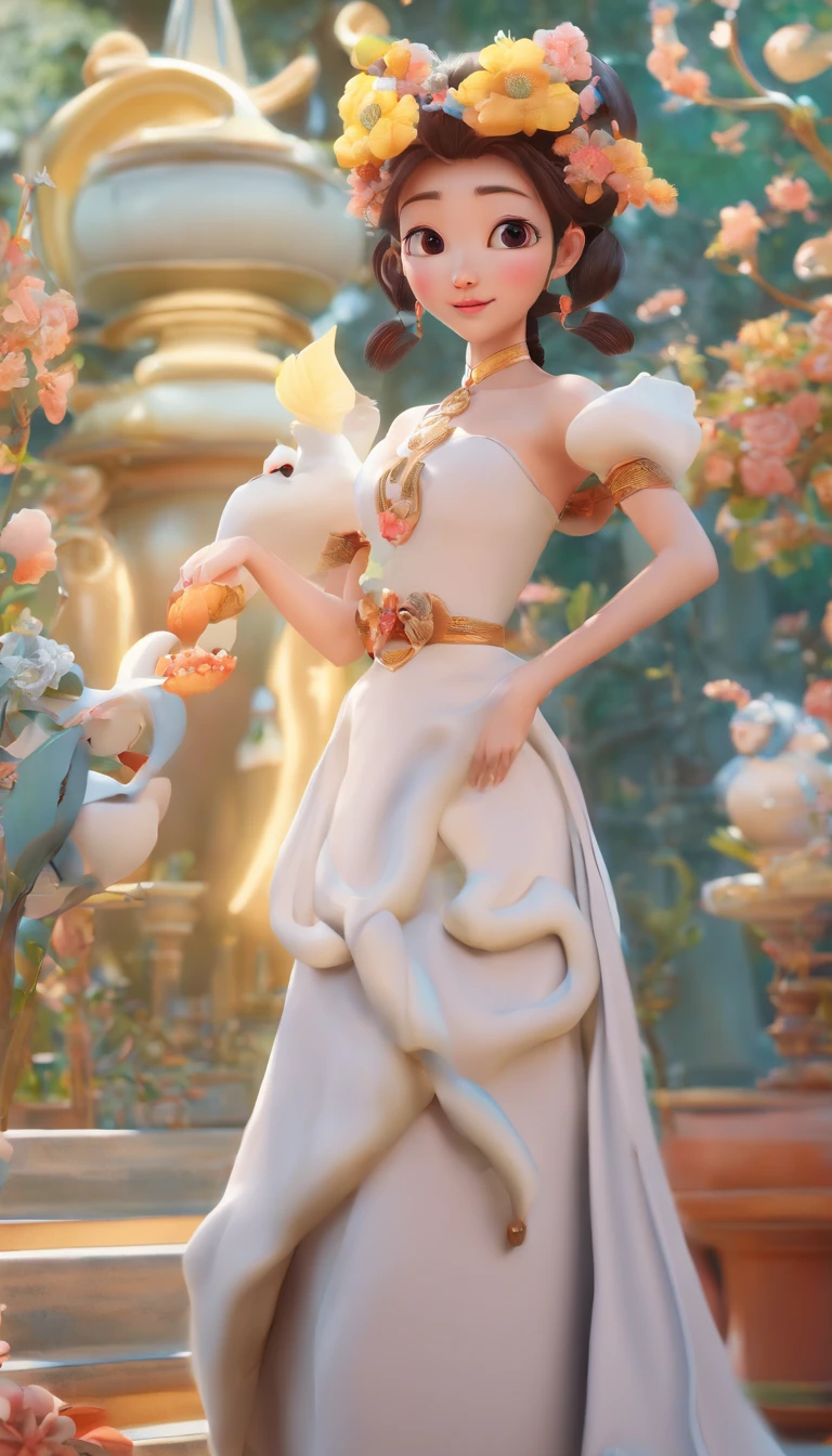 Pixar style super cute anthropomorphic white snake， woman，Hanfu， Charming big eyes, Cute tail, standing, Surreal, Super fine, Luxurious, Graceful standing, Charming big eyes, Cute tail, standing, Surreal, Super detailed, Luxurious, elegant, complex, Gorgeous, illusory engine, Octane rendering, 8K, Frey surrealism