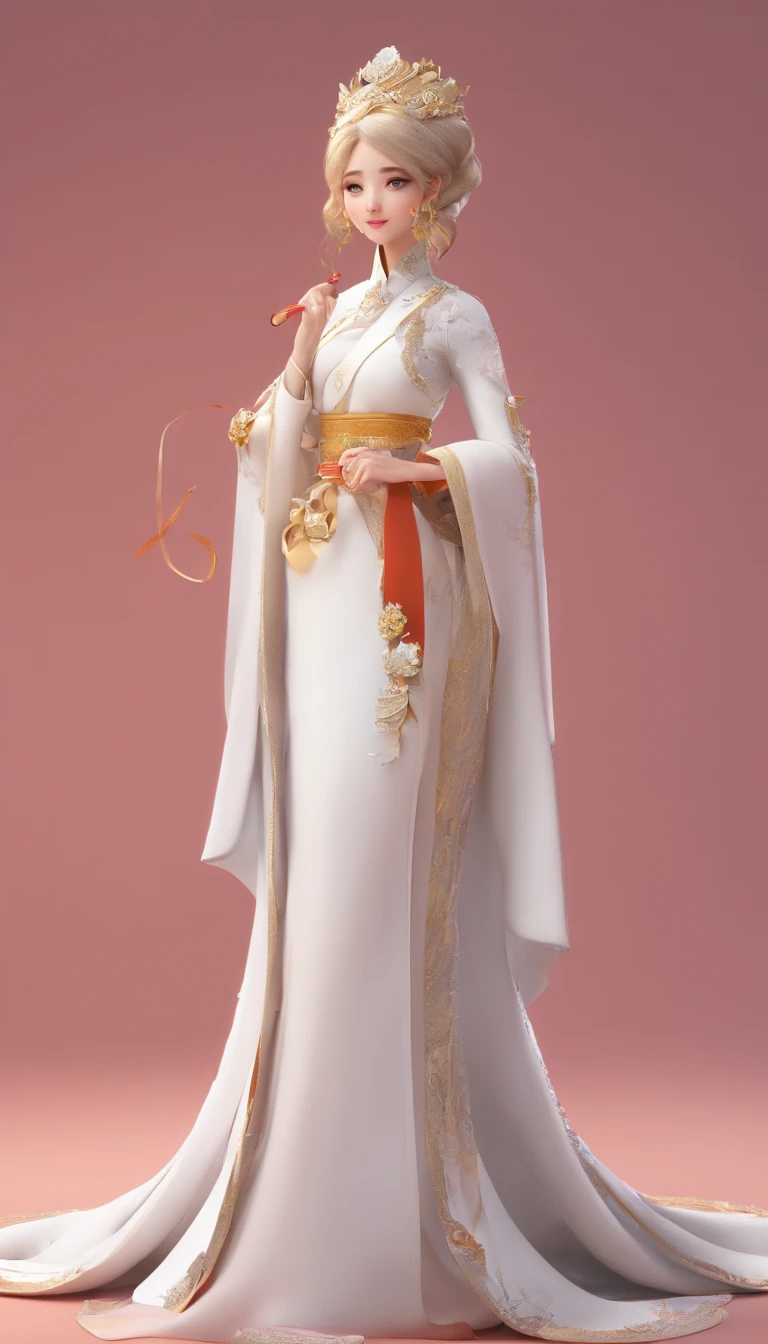 Pixar style super cute anthropomorphic white snake， woman，Hanfu， Charming big eyes, Cute tail, standing, Surreal, Super fine, Luxurious, Graceful standing, Charming big eyes, Cute tail, standing, Surreal, Super detailed, Luxurious, elegant, complex, Gorgeous, illusory engine, Octane rendering, 8K, Frey surrealism