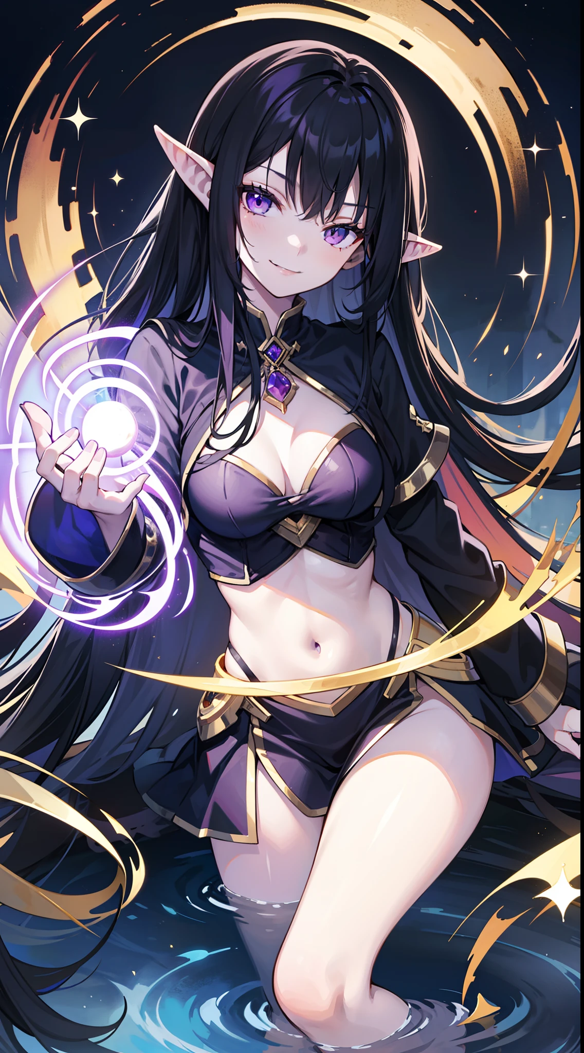 young girl, Long black hair, violet eyes, elf ears, smirk, Purple Sorcerer Form, Gold Elements, water magic, Masterpiece, hiquality, 4k, HD, Good detail