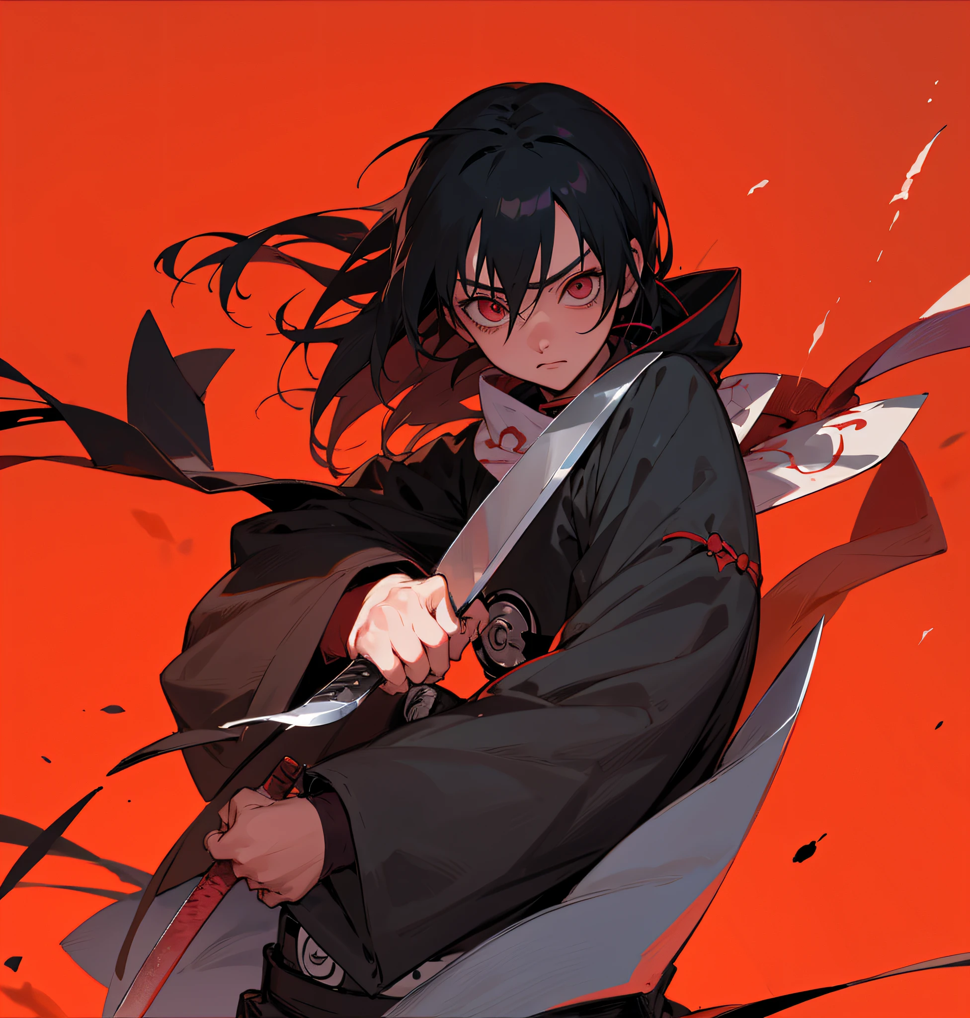 Anime character with knife and bow in hand, Inner belt soil,, from naruto, Uchiha Itachi,Rin Nohara,author:Kishimoto, wielding kunai, Uchiha with soil, Itachi, trending anime artwork, Trending anime art