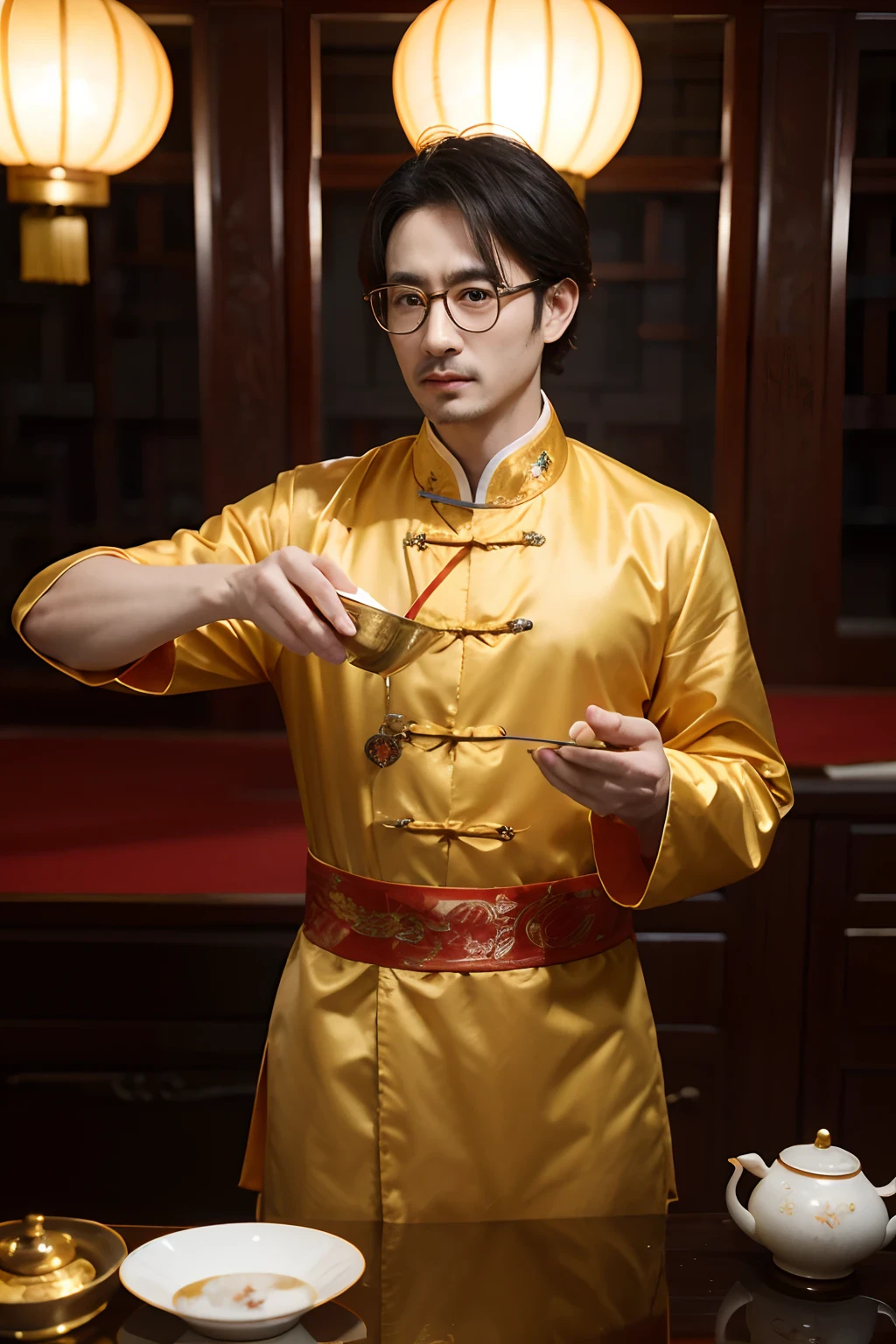 There was a man standing at the tea table，Holding a Chinese-style gaiwan in his hand，The man was 35 years old at the time，Wear gold wire glasses，Wear a Tang costume，Real Human，k hd，Rich expressions，Look ahead