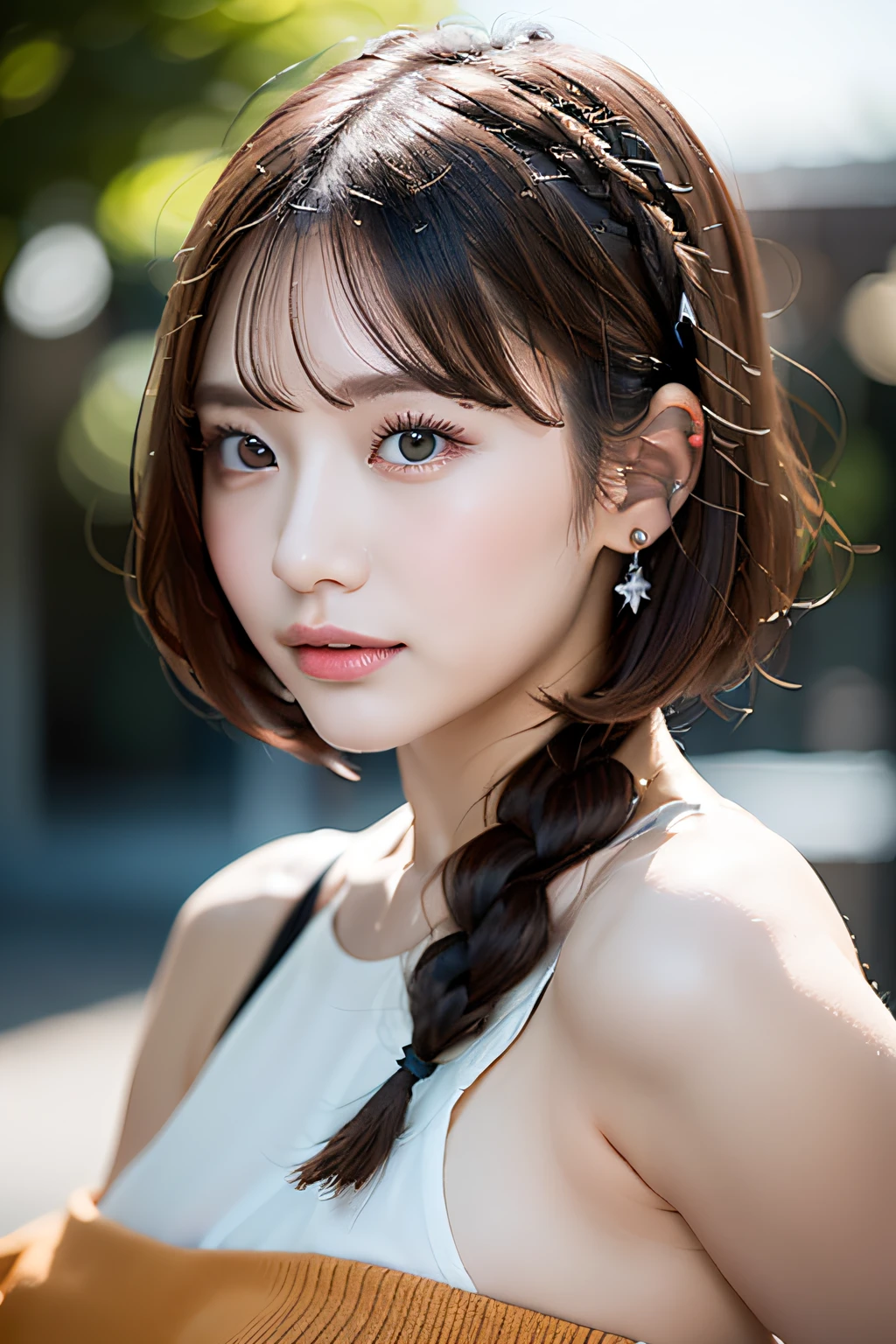 one girls,hair pin,a necklace,piercings,from below looking up,pointed red mouth,Blushing cheeks,He looks at the viewer with embarrassment,large full breasts,(Short hair with shiny silver and orange stripes,2 buns in braids,),(Professional Lighting),(8K,masutepiece,top-quality,Ultra-high resolution output image,),(intricate detailes,),(From Image Mode to Ultra HD),depth of fields,Beautiful hands,Beautiful fingers,Detailed finger features,Detailed hair features,detailed facial features,detailed clothes features,