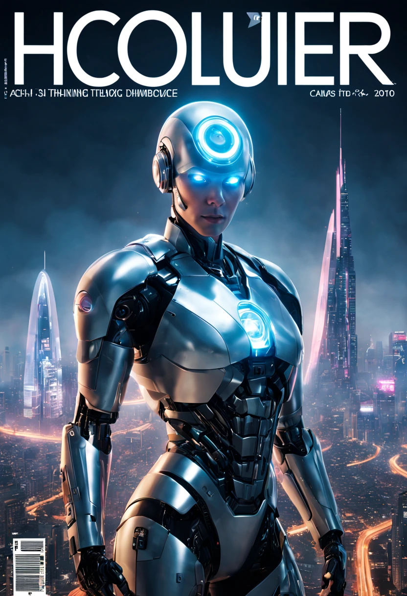 The magazine cover should feature a Caucasia cyborg character seamlessly integrated into a cutting-edge, futuristic cityscape. Use a holographic overlay effect to make the character and city glow with a surreal and modern allure. Incorporate augmented reality elements that readers can interact with using their smartphones to access additional digital content.