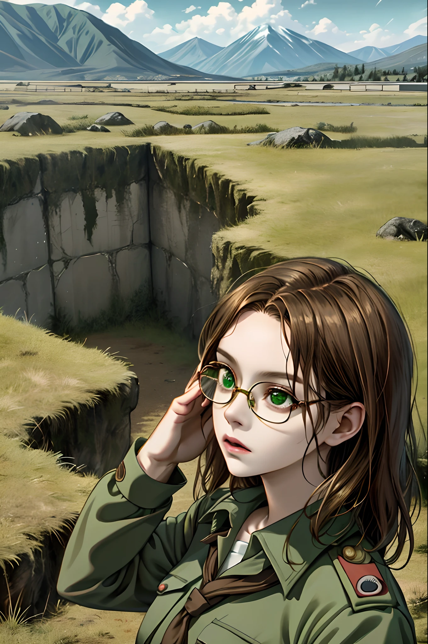 Attack on Titan screencap of a 
female with brown wavy hair and bangs, pale, green eyes, round face shape and glasses. Scenery is beautiful she) is wearing a scouts uniform MAPPA season 4