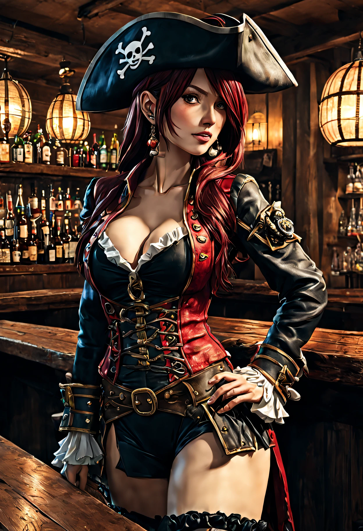 (intricate details, hyperdetailed:1.5),closeup photo of an 25 year old woman wearing a pirate outfit like in the one piece manga  in a bar, detailed, realistic, 8k uhd, high quality