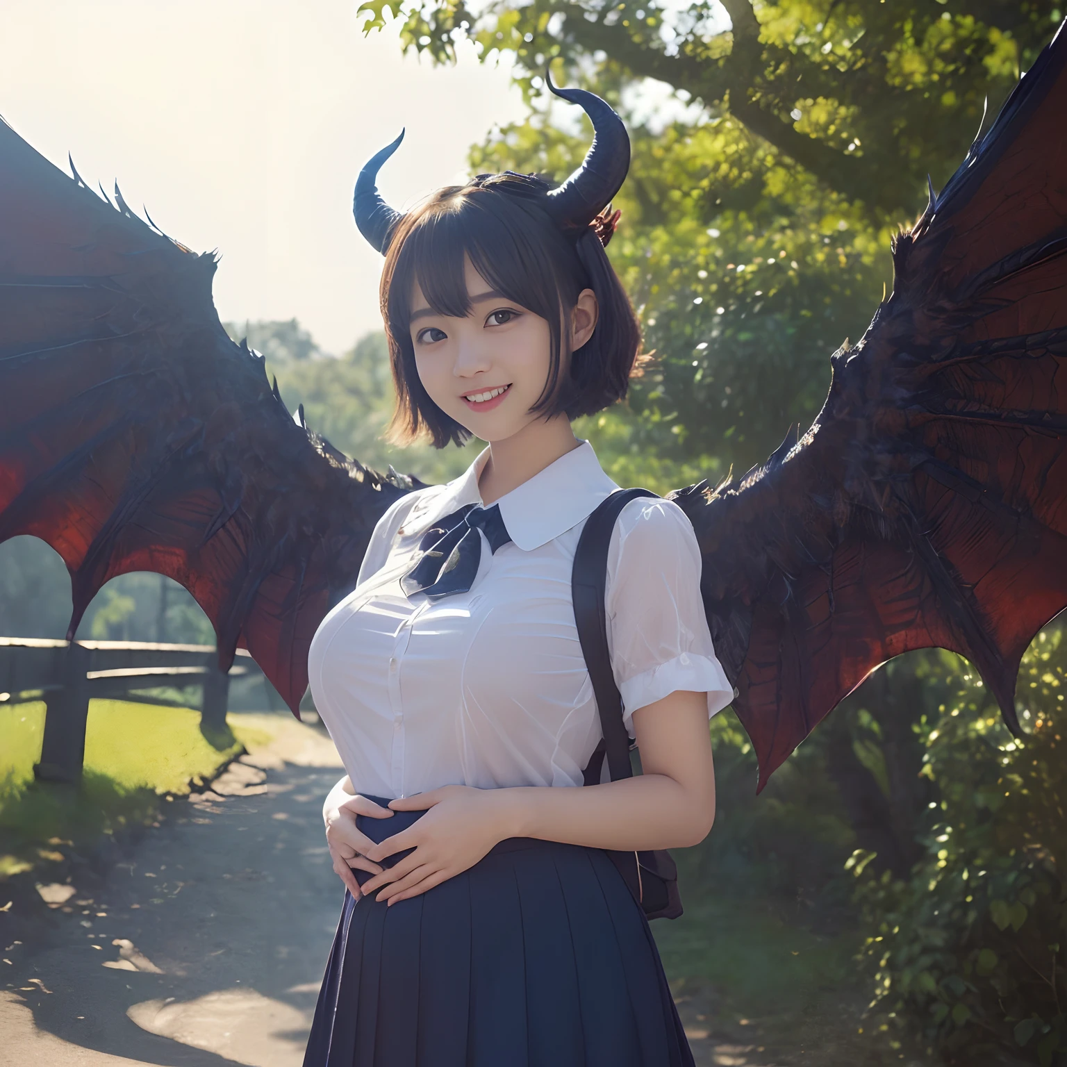 (((masutepiece、top-quality)))((1 schoolgirl、White short-sleeved shirt、Red ribbon on chest、Navy skirt、high-school uniform))、((Huge and intricate demon wings,Wings with a very elaborate texture,Wings with a very complex texture,Creature wings with a very realistic texture,Wings with the most exquisite texture、Perfectly reproduces the texture of creepy feathers、Very flaky and detailed wing texture、Wings of a terrifying monster,Terrible and ugly wings、The most terrifying wings、Wings with unimaginably complex textures、The most terrifying and creepy wings、Huge, Lumpy devil's horns、Corners of the most complex textures、Photorealistic Devil's Wings、Photorealistic Devil's Horns、The most terrifying devil's wings、Unimaginably terrifying wings、Big Devil's Horn,Realistic and big horns,Very complex and terrifying demon horns、Creepy horns,Horn with a very elaborate texture、Terrible and ugly horns、((The background is the route to school、Walking along the school route surrounded by nature、Walking on the way to school))、8K,An ultra-high picture quality,The most beautiful idol faces,The biggest smile staring at the camera、Happy smiling face、Pregnant、美丽的面容、Beautiful teeth、natural make up、Natural bright lighting、short-hair、waved hair、Super Detail Wing、spectacular movie lighting、A slender、Emphasis on chest bulge、bulky, Complex wings